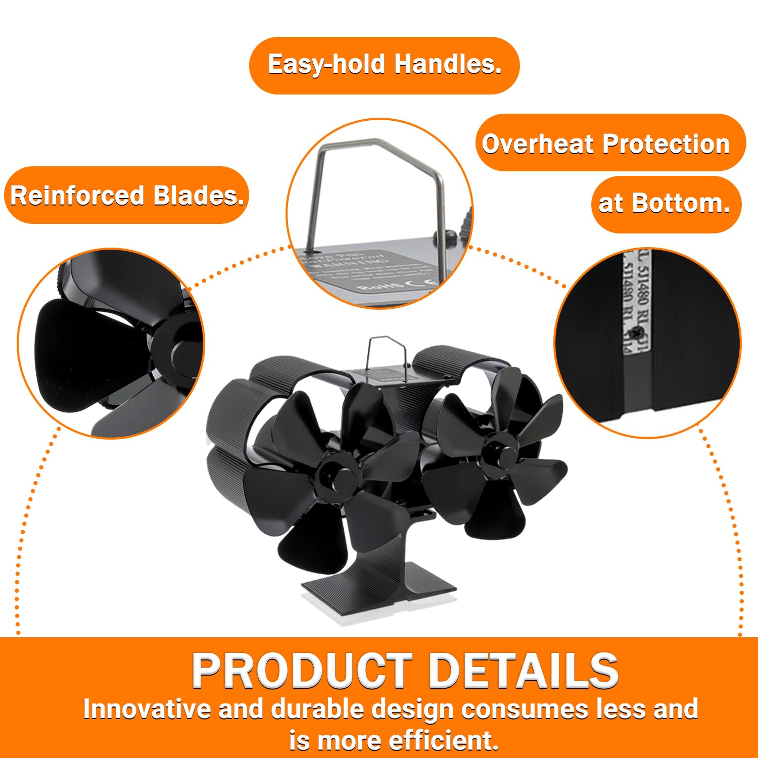 Ventilador Estufa Leña Ventiladores para Chimeneas con 12 Aspas Energía Térmica Circulación de Aire Caliente Funcionamiento Silencioso doble motor Ventilador para chimenea, quemador de leña