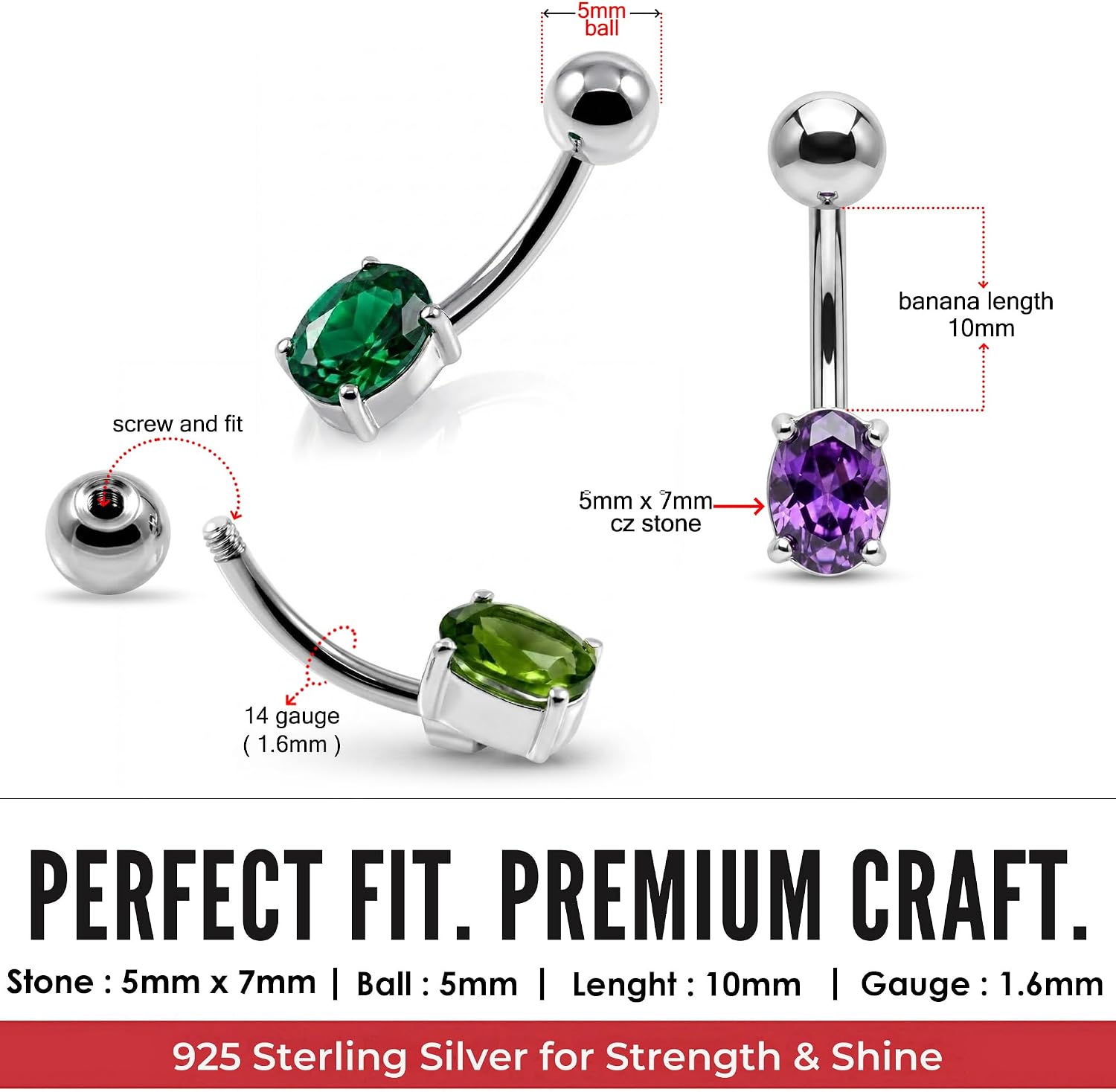 5mm x 7mm Oval Cz Stone Design Sterling Silver with Stainless Steel Belly Piercing Ring Body Jewelry