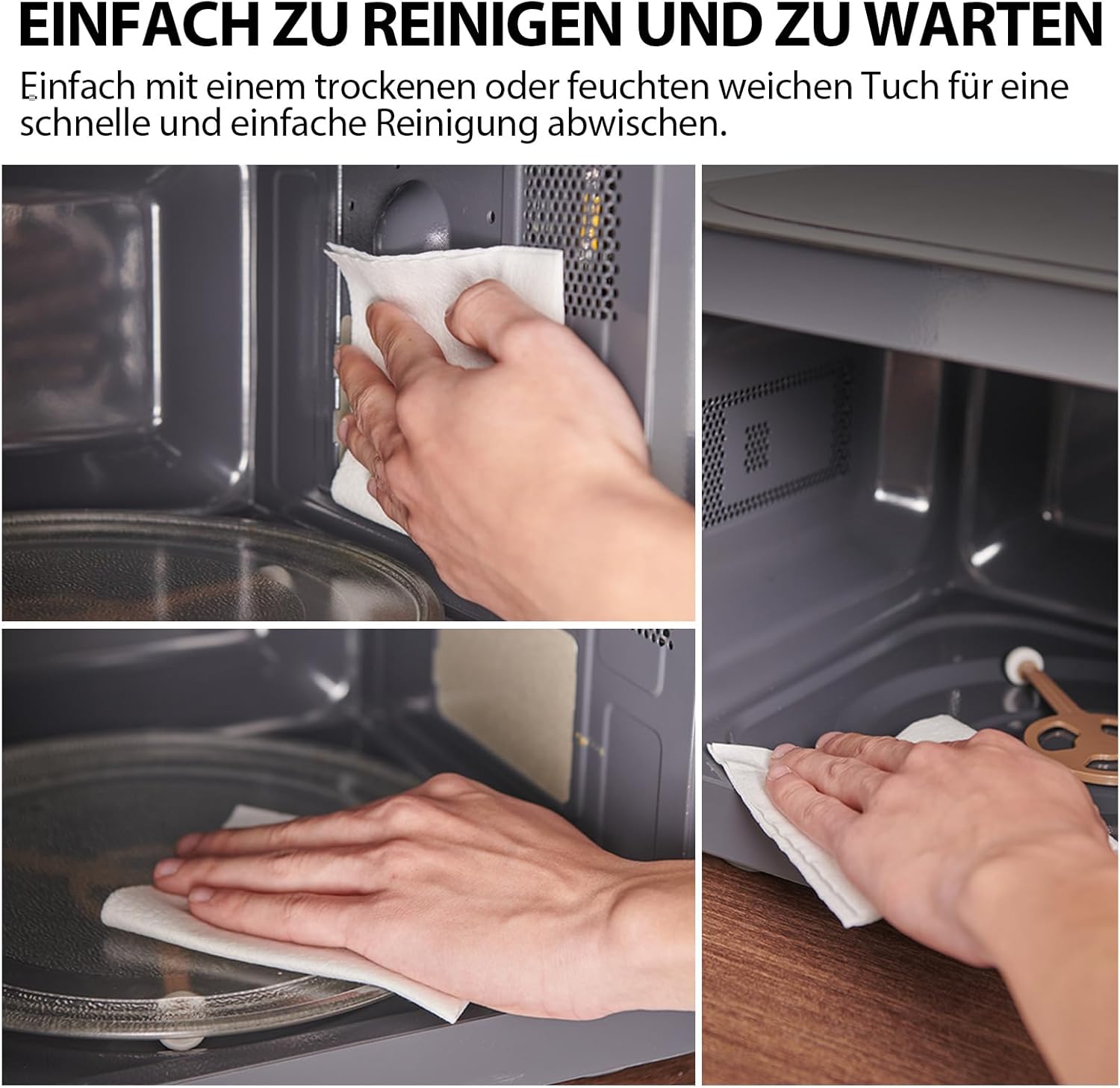 Images demonstrating easy cleaning of microwave interior