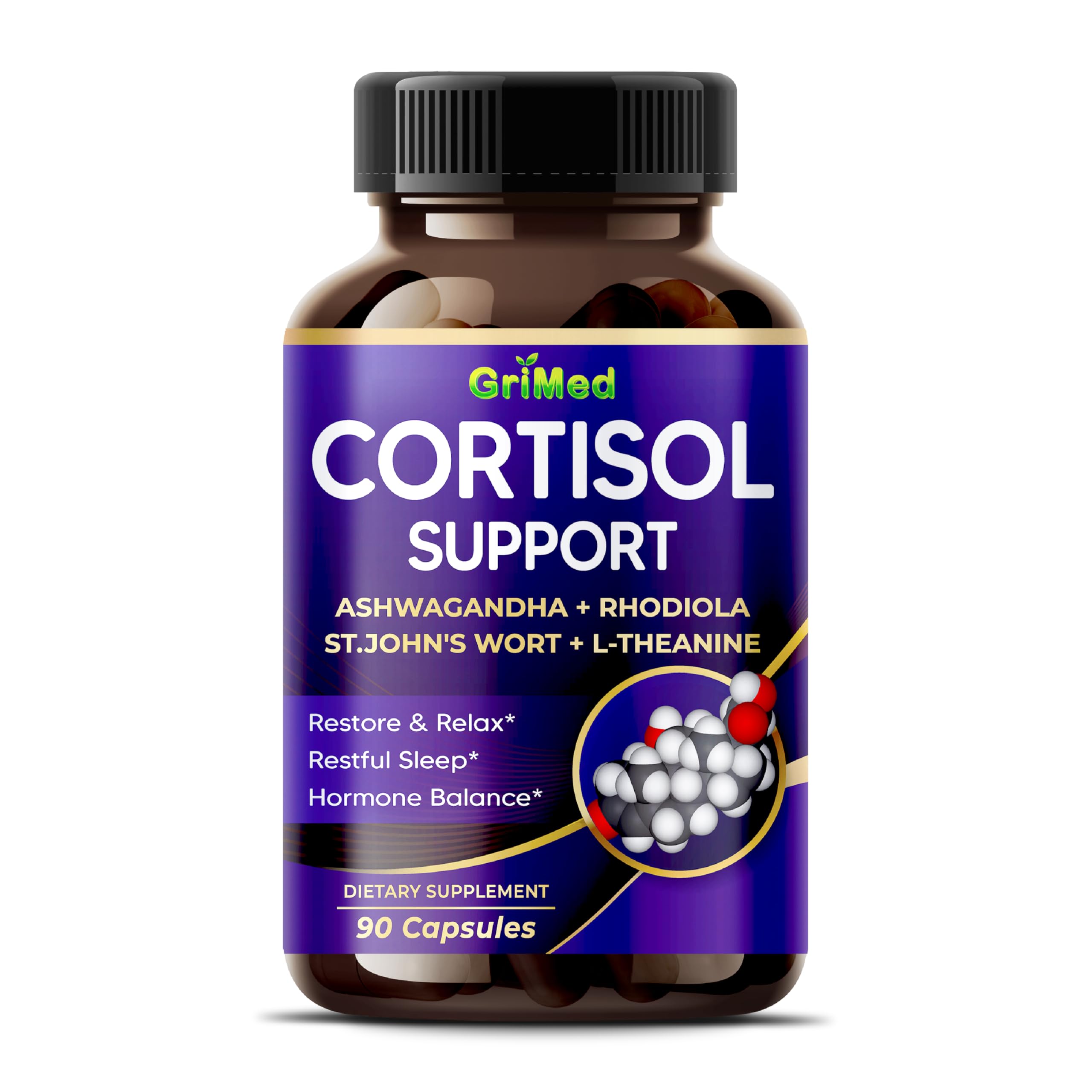 GriMed Ashwagandha Rhodiola 14,150mg - x 10 Power with St.John's Wort, L-Theanine - Restore & Relax, Restful Sleep (90 Count (Pack of 1))