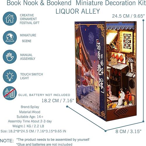 Miniatura 4 de SPILAY Kit de montaje de rincón de libros en miniatura para casa de muñecas rompecabezas de madera 3D con luz de sensor kit de creatividad para