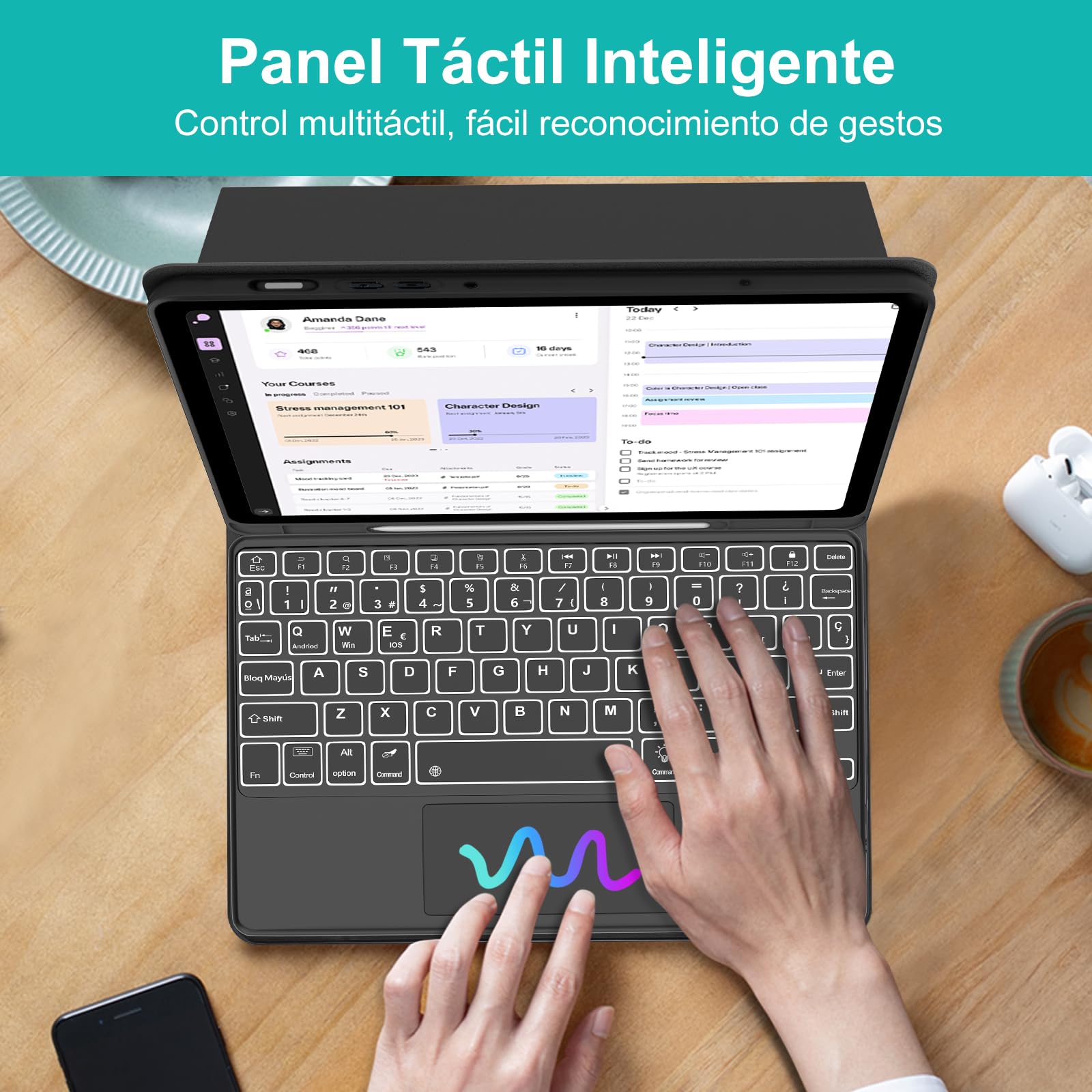 FOGARI Teclado con Touchpad para Samsung Tab S10 Lite/S10 FE/S9 FE 10.9" | Funda para Galaxy Tab S10 Lite con Español Ñ Teclado Retroiluminado Bluetooth con Trackpad, Negro