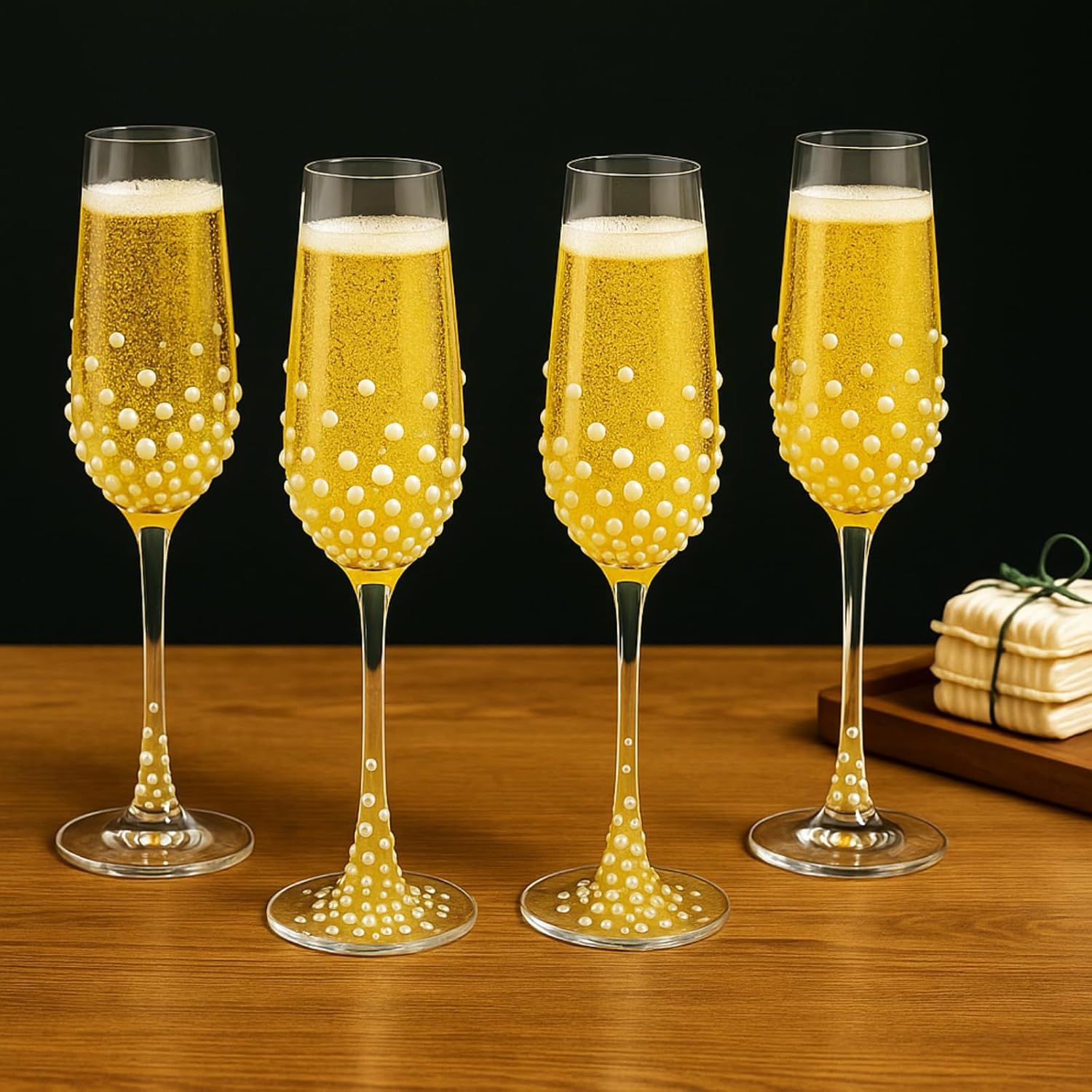LemonRoad 6 Sets Wedding Champagne Flutes 8 oz Pearls Toasting Glasses for Bride and Groom with 6 Pearls Sticks and 2 Glue Wedding Glasses for Bridal Shower Anniversary Engagement