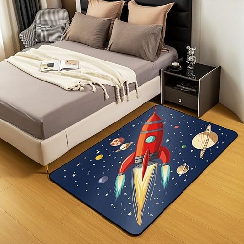 Miniatura 5 de Alfombra decorativa de cohete de astronauta, 5 x 7 pulgadas, diseño de cohete espacial, juego de alfombrillas ultra gruesas y suaves de planeta de