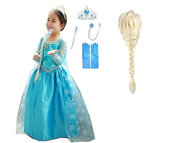 Princess Elisia Fancy Dress Costume Gown + Elisia Hair Wig + Accessories, Theme Party, Birthday Gift with Accessories, Christmas Xmas Dress (with Size Variations) (Medium (4-6) Years) Blue