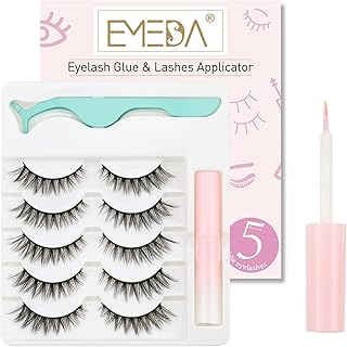 EMEDA 3D Natural False Lashes with Glue 5 Pairs Fluffy False Cat Eye Lashes Multipack Thick and Long False Eyelashes With Glue Strip Fake Lashes With Applicator False Lashes Kit (A9)