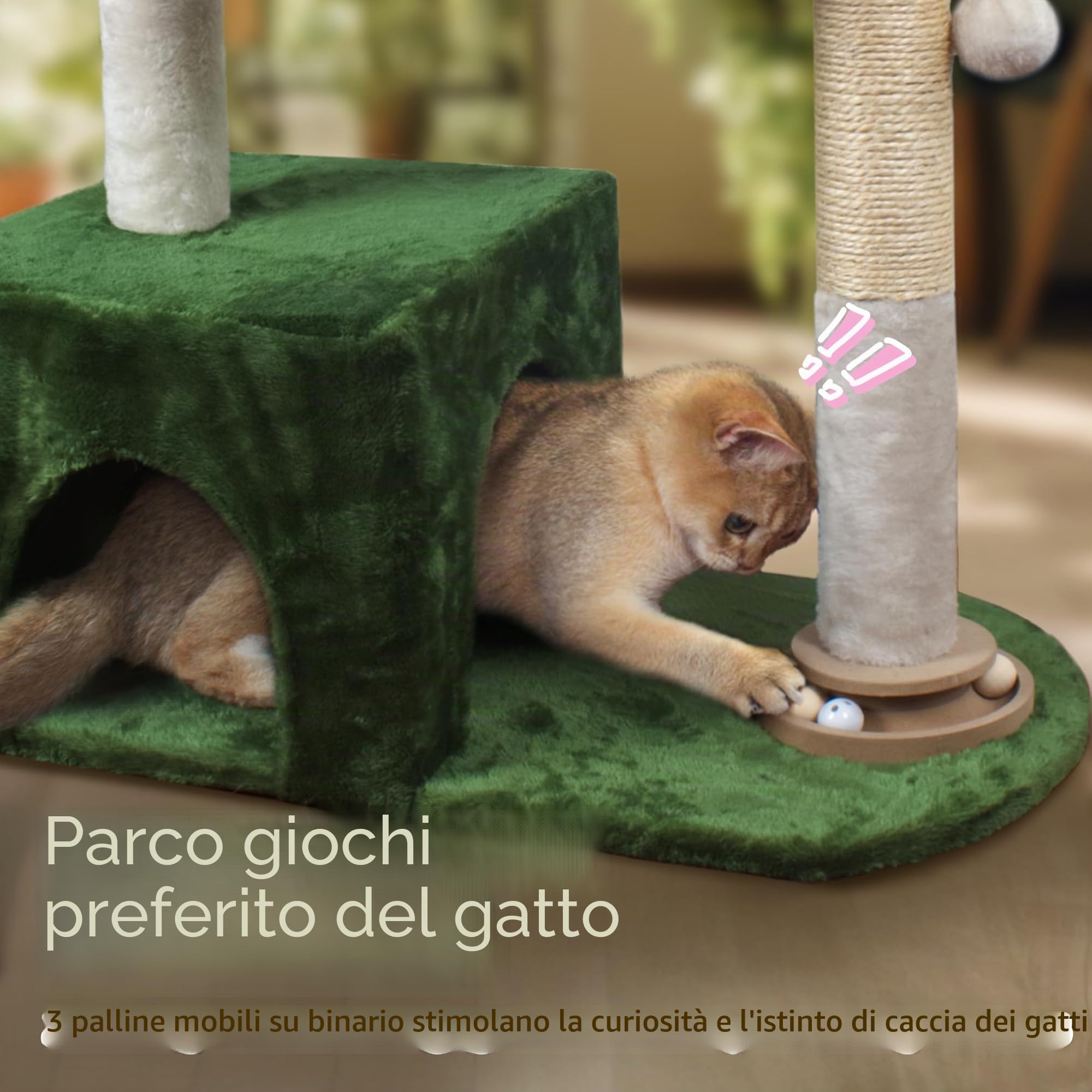 Fantasreen Albero Tiragraffi 95 cm con Amaca Grande in Metallo, Tiragraffi per Gatti da Interno con condominio, Pista con Palline e Pallina Rimbalzante, Verde e Bianco