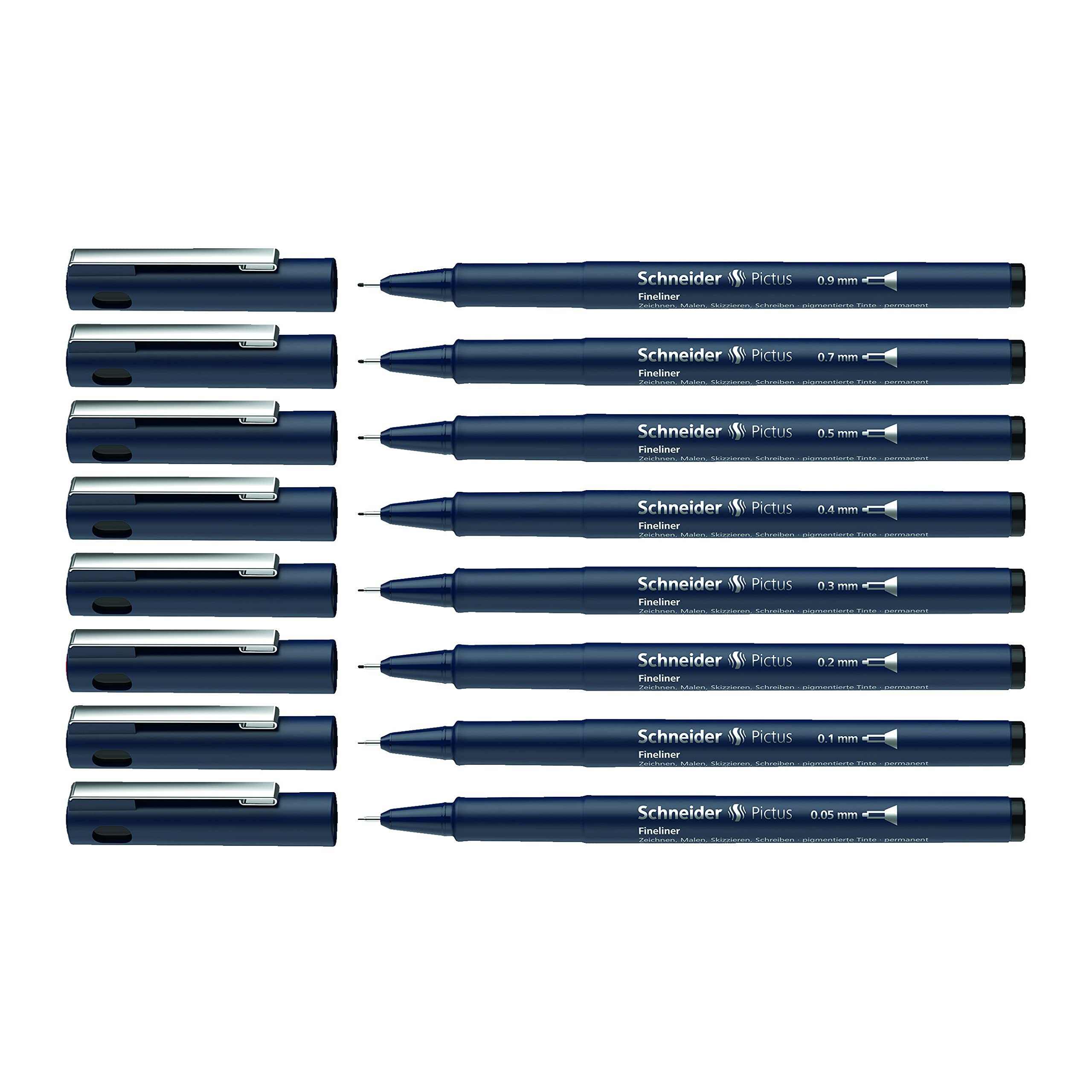 Schneider Pictus Fineliner Geldbörse, 8 Stück, verschiedene Größen, schwarze Tinte (197598)