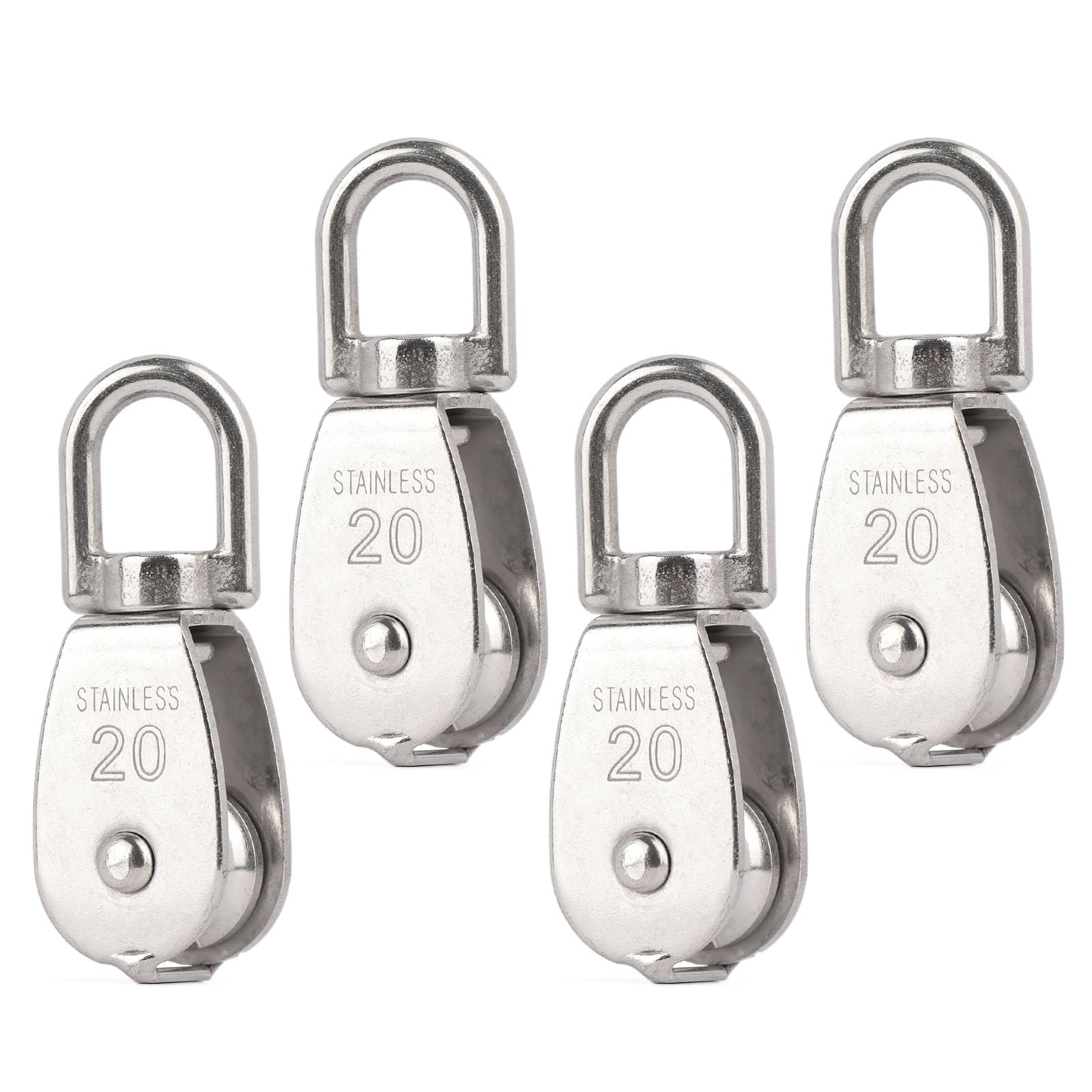 LordHardware 4PCS M20 Single Pulley Snatch Block 304 Stainless Steel Lifting Crane Swivel Hook, 1/4" Rope x 3/4" Sheave