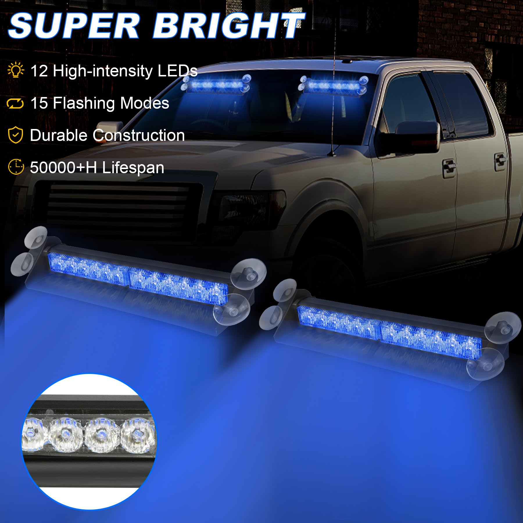Luce Di Emergenza LED Per Auto - 12 LED, 9 Modalit&agrave; Lampeggio, Ventose, Alimentazione 12V Da Accendisigari