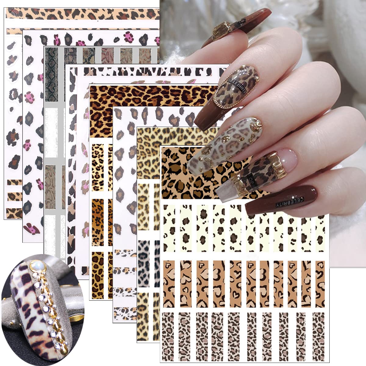 8Sheets Leopard Nail Stickers - 3D Self-Adhesive Designer Nail Decals for Leopard Print, Girls DIY Nail Art Decoration