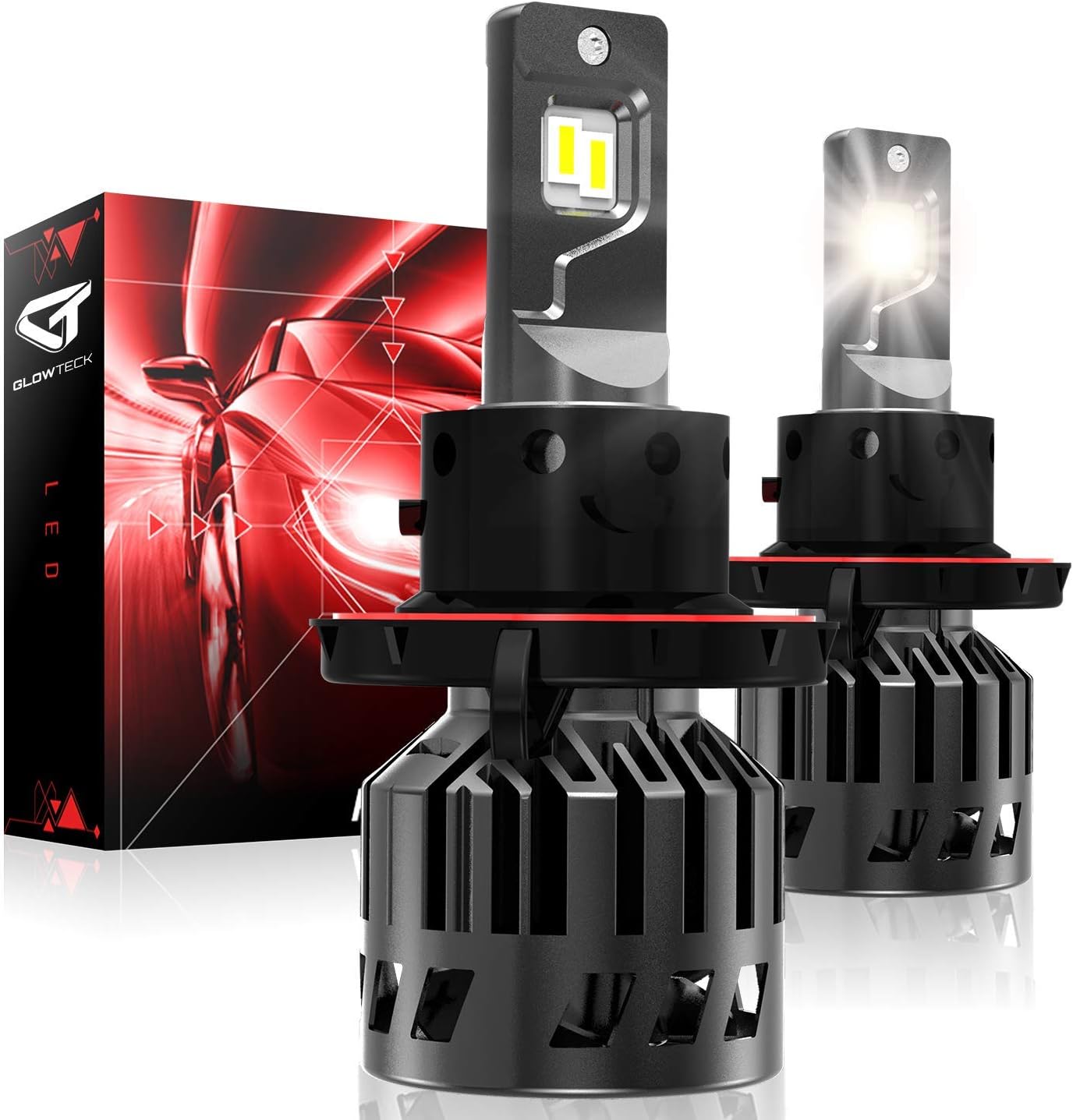 Glowteck (H13/9008) LED Headlight Bulbs Conversion Kit -High/Low Beam 6,000 Lumen/Pair 6000K Cool White IP65 water-resistant Halogen Replacement Headlight bulbs For Bright & Greater Visibility