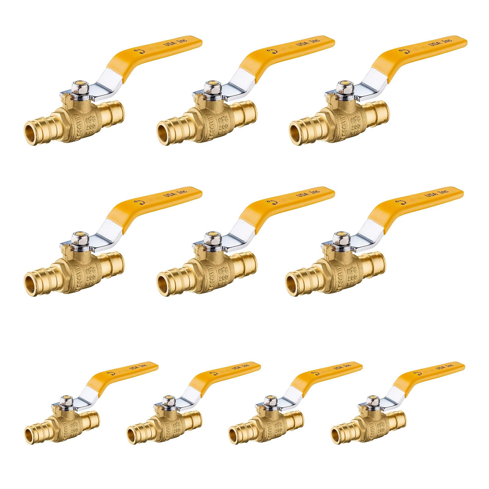Lot de 10 robinets à boisseau sphérique jaune, 1,9 cm Pex A, robinet à boisseau sphérique en laiton à port complet pour eau chaude et froide, certifié NSF/ANSI 61