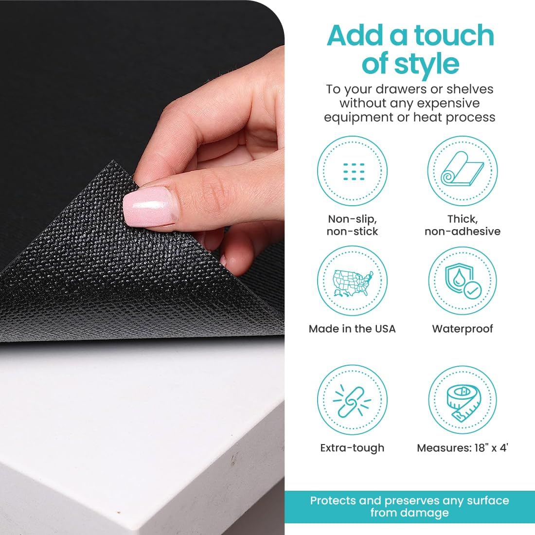 Con-Tact Brand Grip Premium Solid Shelf Liner, Thick and Non-Adhesive Drawer Liner, Multi-Purpose and Easy to Use, 18" x 4', Black, Pack of 6 Rolls