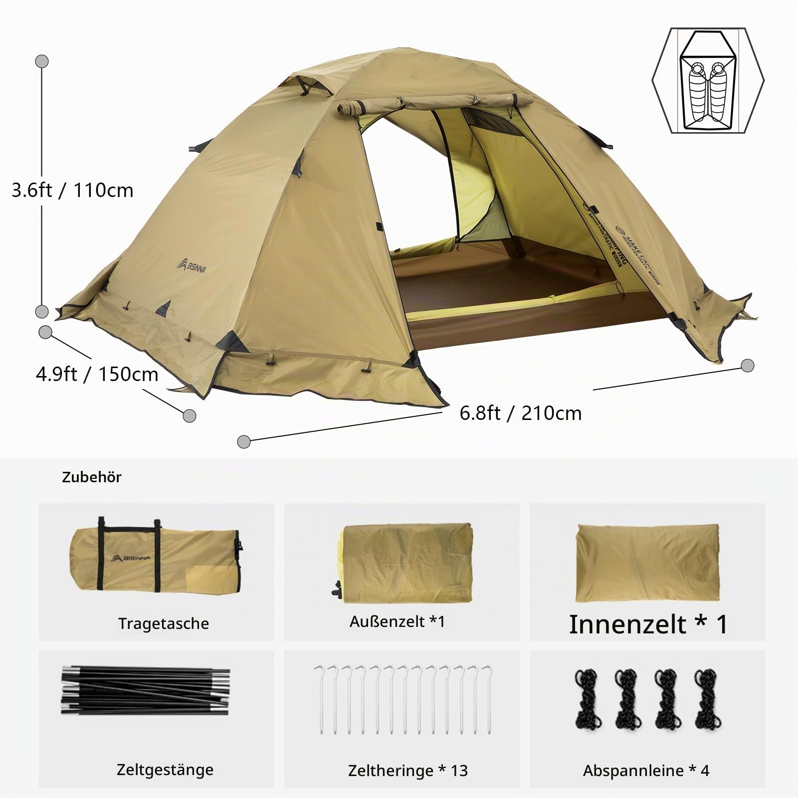 BISINNA 4-Jahreszeiten-Zelt für Rucksackreisen, Winterzelte, 2 Personen, leicht, kaltes Wetter, wasserdicht, doppellagig, Ganzjahreszelt, Aluminium-Legierung, einfache Einrichtung für Camping, Wandern
