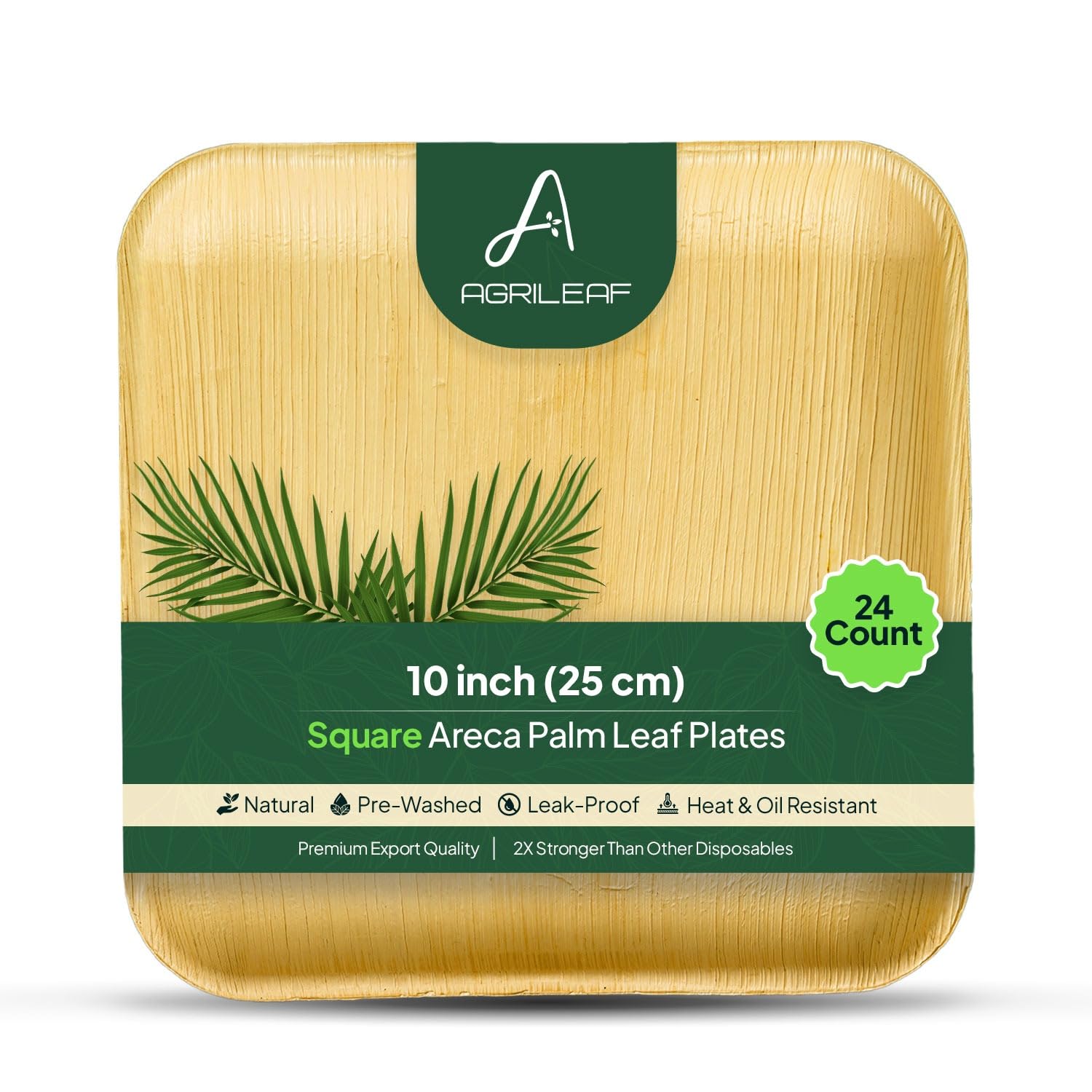 AGRILEAF 10" Square Areca Palm Leaf Plates (24-Pack) | Better Than Paper & Bagasse | Eco Friendly, Compostable| Microwave & Freezer Safe | Strong & Sturdy | Use & Throw | Parties, Events, Weddings