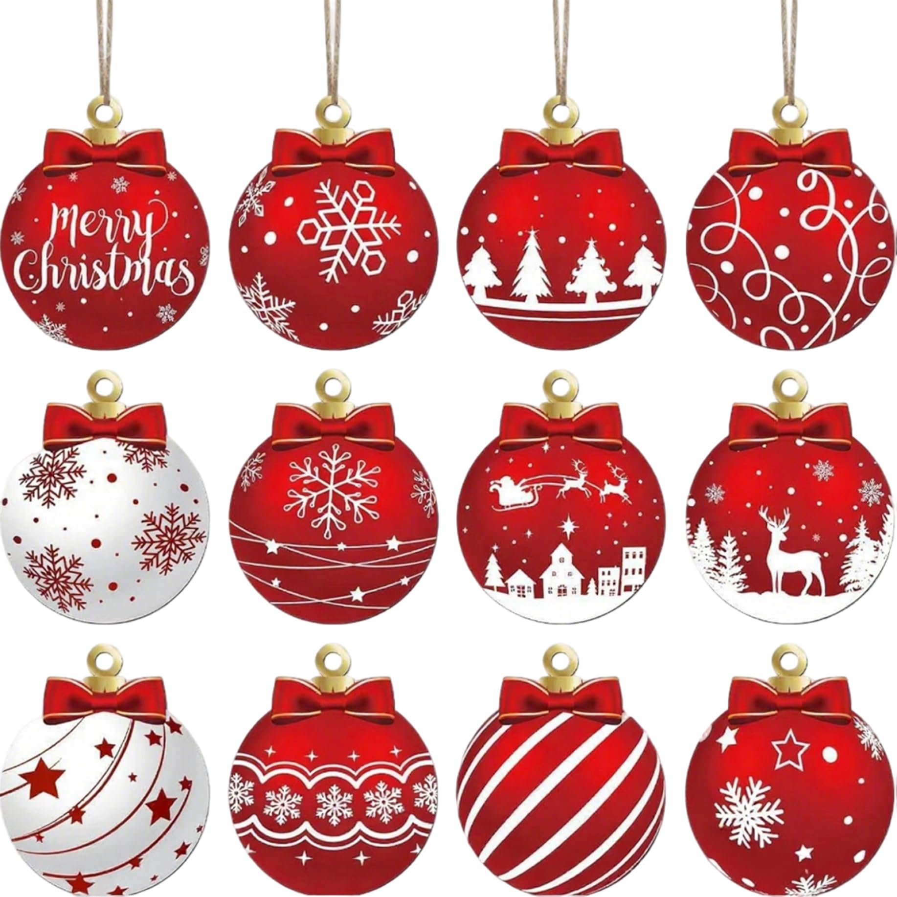 Christmas Ornament Set, 12Pcs Red and White Christmas Ball, Wooden Ball Ornaments, Hanging Wooden Ornaments for Festive Winter Holiday Tree Decorations