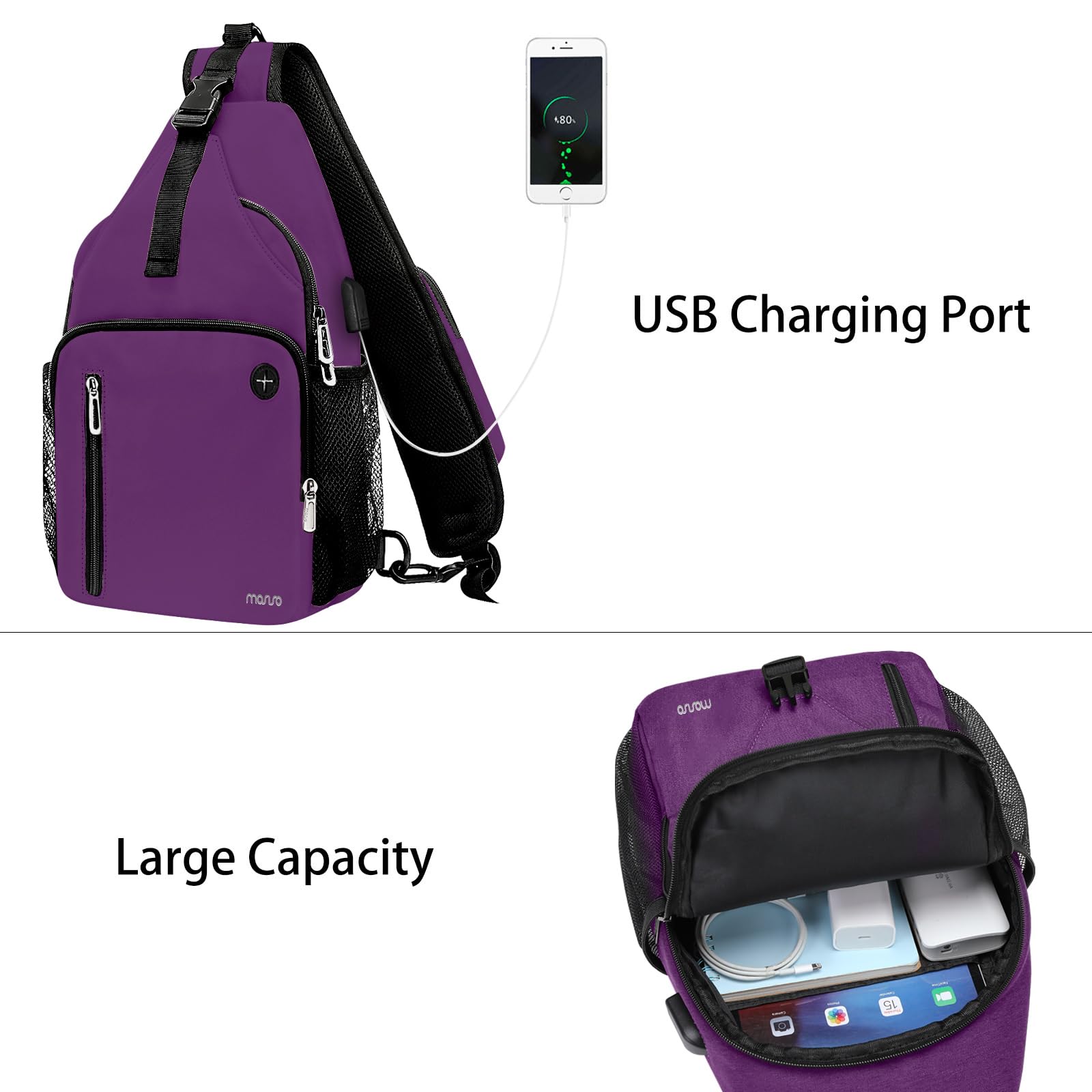 MOSISO Sling Backpack Bag, Crossbody Shoulder Backpack Travel Hiking Daypack Chest Bag with Front Square Pocket&USB Charging Port, Plum - Image 2