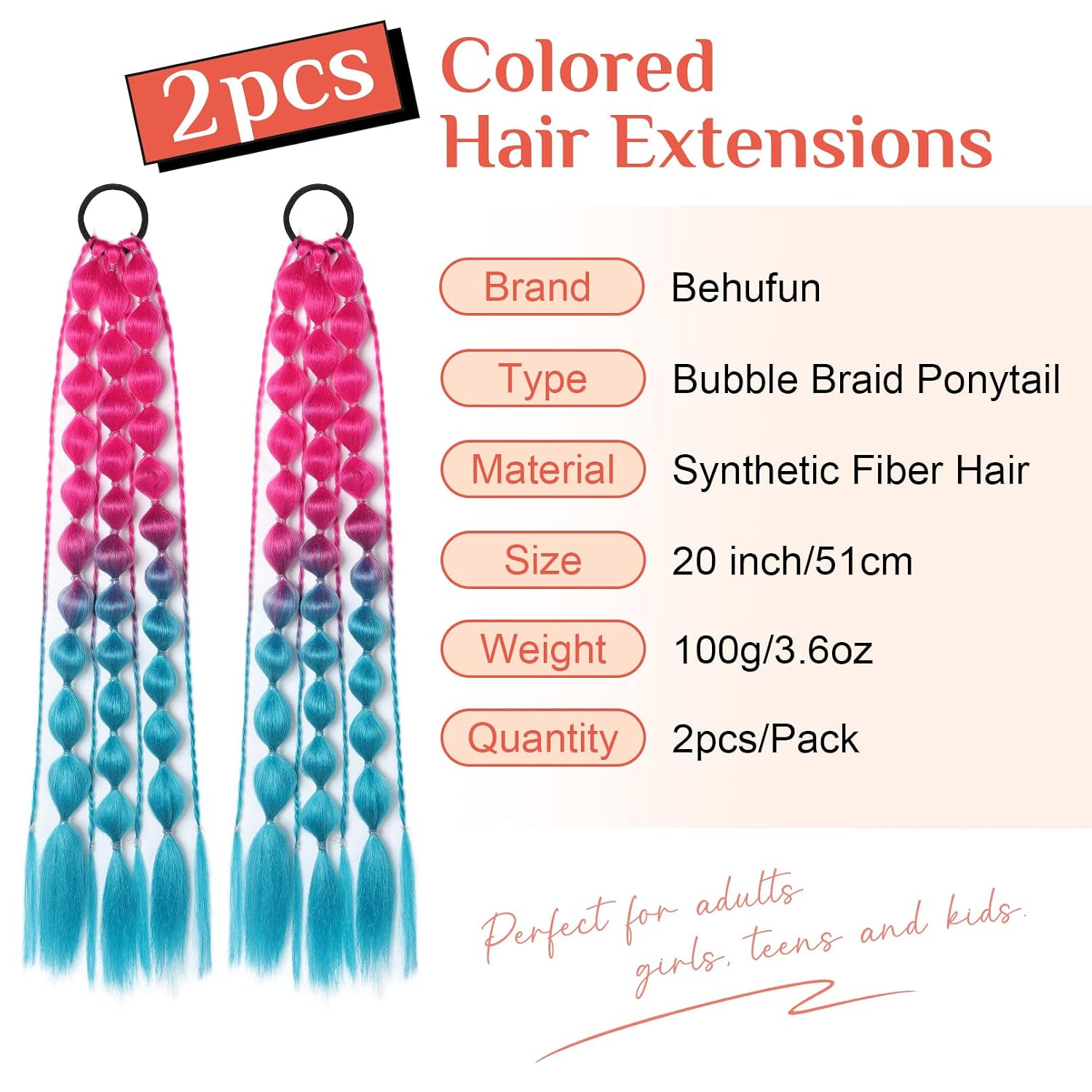 Colored Hair Extensions, Behufun 2Pcs 20" Lightweight Colored Hair Extensions for Kids Bubble Ponytail Extension with Hair Tie, Ombre Crazy Hair Day Accessories for Girls Festival Rave B41