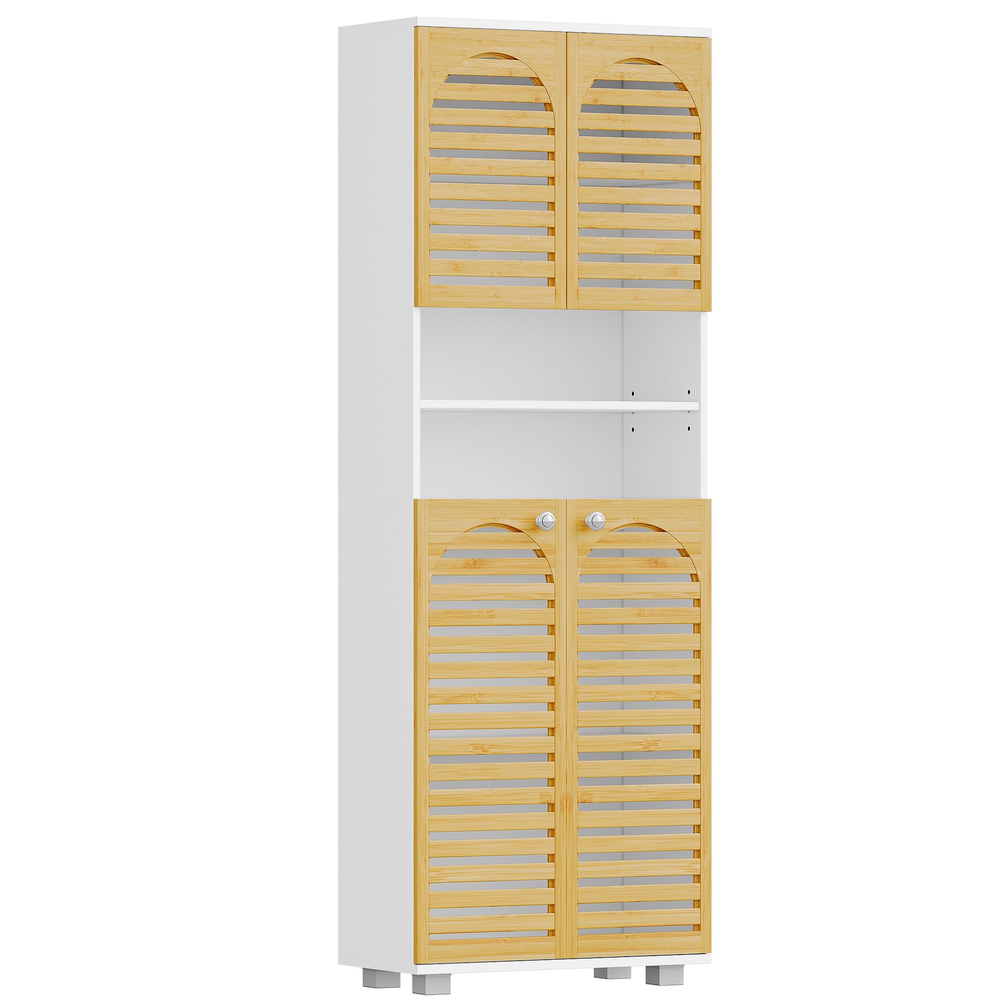 Hzuaneri Meuble Salle de Bain, Armoire de Rangement en Bambou avec Étagère Réglable, Meuble de Rangement avec 4 Portes en Bambou, pour Salon, Salle de Bain, 30 x 60 x 171,5 cm Blanc SC17103X