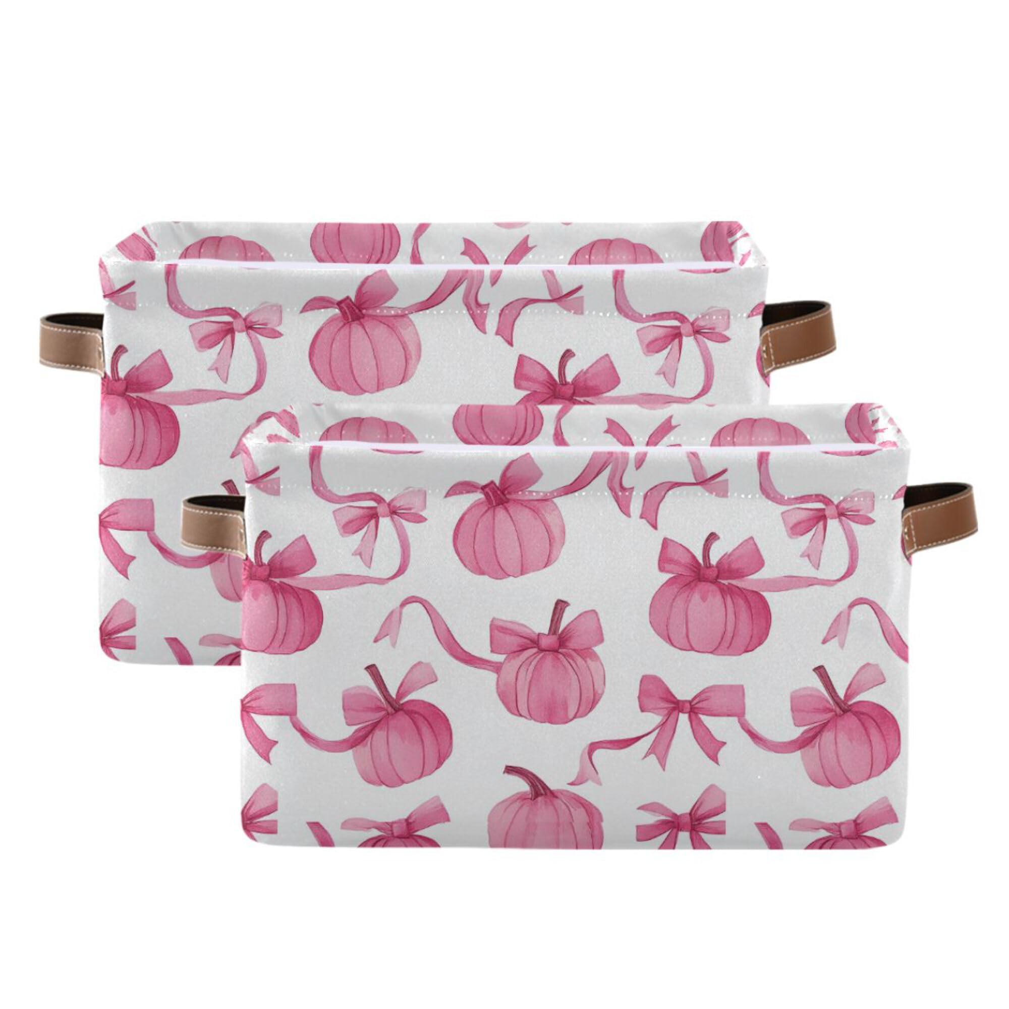 Wamika Pumpkin Bow Pink Storage Basket with Waterproof Liner and PU Handles Fall Storage Bins Boxes 14.2" Collapsible Decorative Organizer Baskets for Bedroom Closet Office 2 Pack