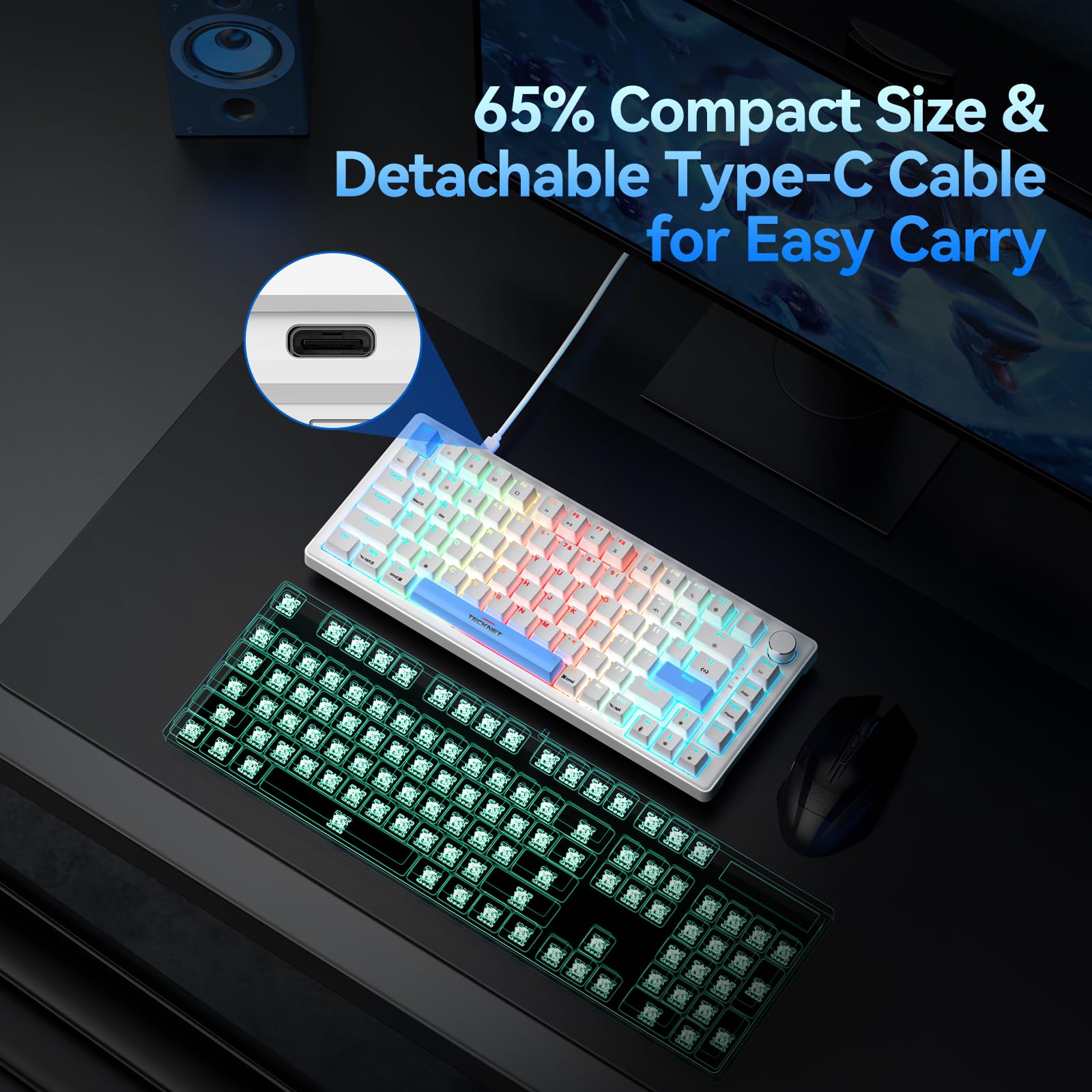 TECKNET Wired Gaming Keyboard, RGB Backlit Keyboards with Gasket Structure, USB C Mechanical Keyboard has 20 Lighting Effects & Multimedia Control Knob, Computer Keyboards for PC Laptop Mac Gamer — view 5