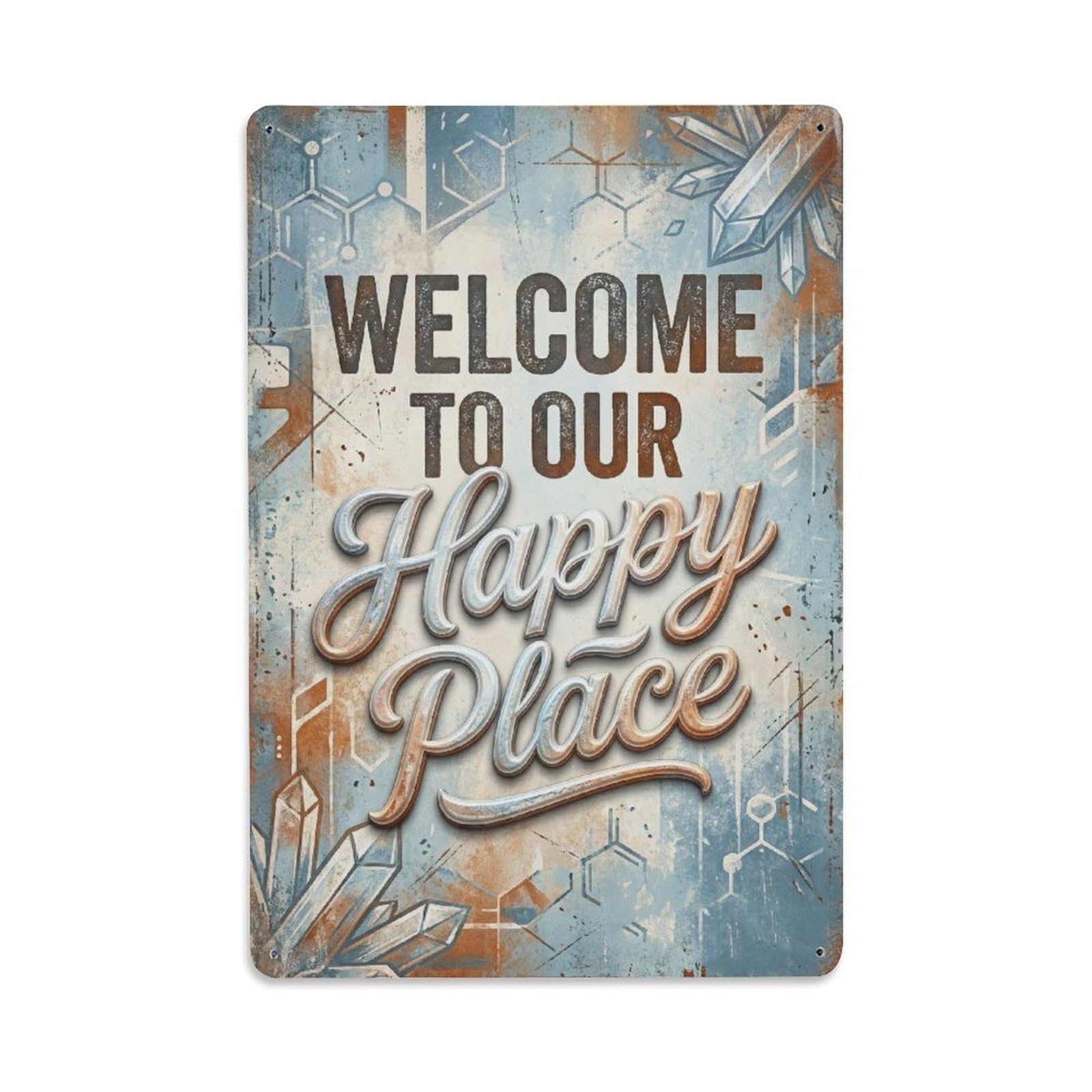 Okngb Style Adze Tool Welcome Happy Place Cottage Garden Texture Metal Tin Sign Plaque Wall Decor For Cafe, Man Cave, Club Bar, Office, Home Garden Round Metal Poster 8X12inch