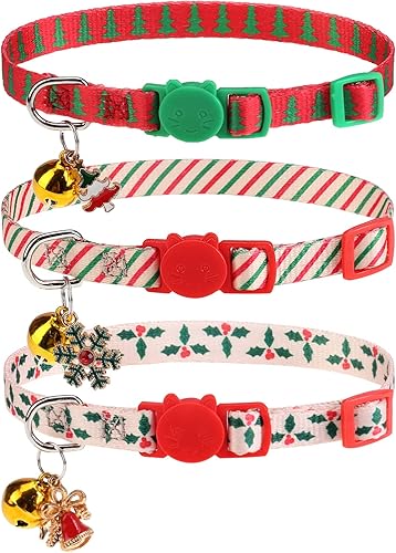 Collares navideños para gatos con campana y bonitos colgantes, paquete de 3 collares de seguridad ajustables para gatitos, collar de Navidad para