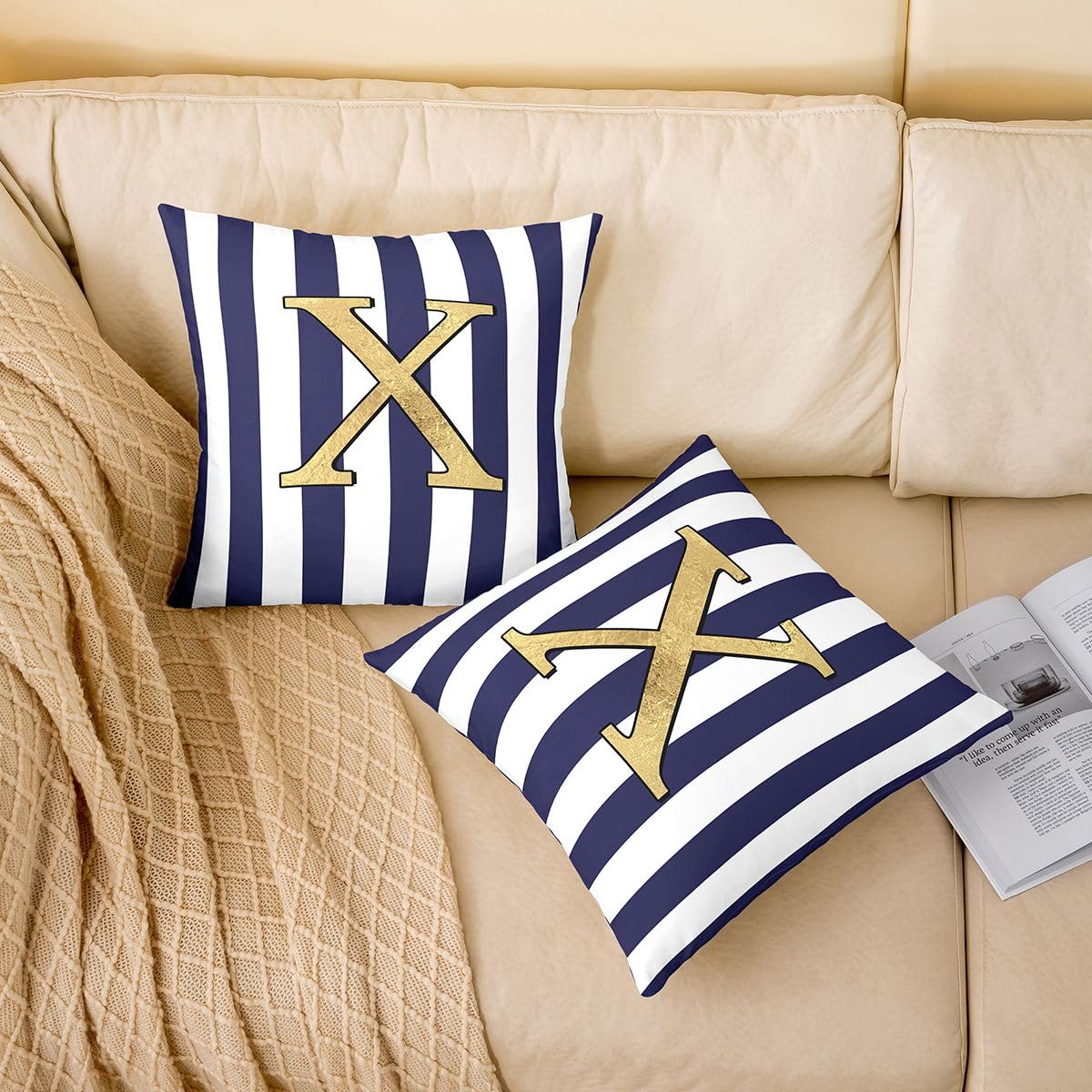 Homemissing Set di 4 federe per cuscini quadrate con monogramma lettera X, a righe blu navy, con iniziale in lamina d'oro, personalizzate, tema classico preppy, 45 x 45 cm