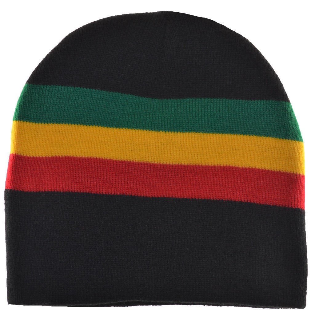 Rasta Stripe 8" Short Beanie Hat Reggae Black Red Yellow Green, Black Red Yellow Green, One Size
