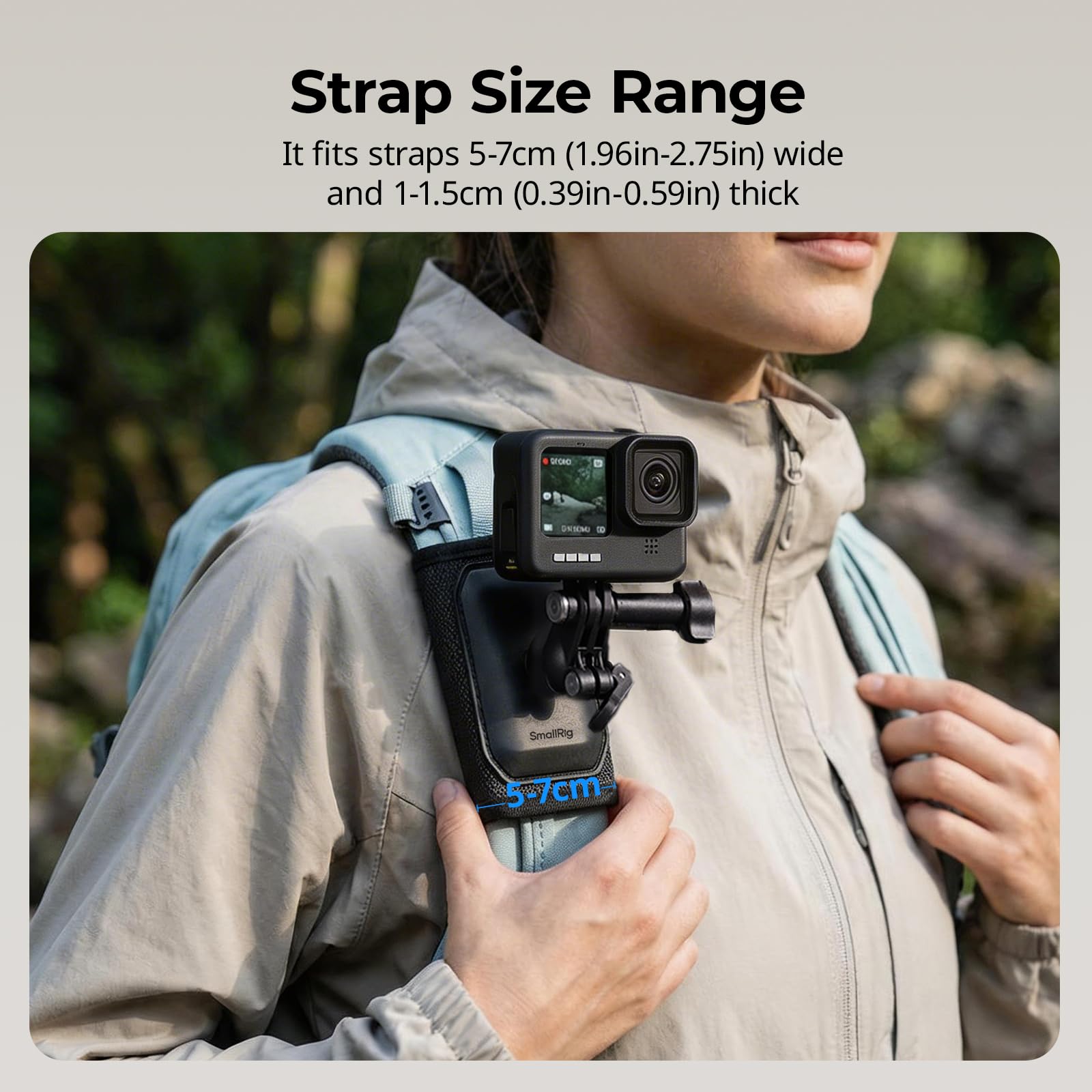 SmallRig Backpack Strap Mount for GoPro Hero 13/12/11, for DJI Osmo Nano Action 6/5 Pro/4/Pocket 3, for Insta360 X5/4/3/Ace Pro 2, Hook and Loop Fastener Clip Mount with Ball Head Adapter Base -5721 - 4