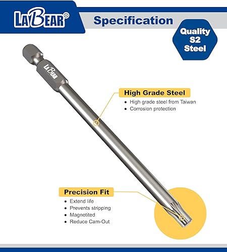 Miniatura 3 de Juego de brocas TORX, juego de puntas de destornillador TORX de 6 puntos de 6 puntos. Juego de puntas estrella S2 de acero de 4 pulgadas (T6, T7,