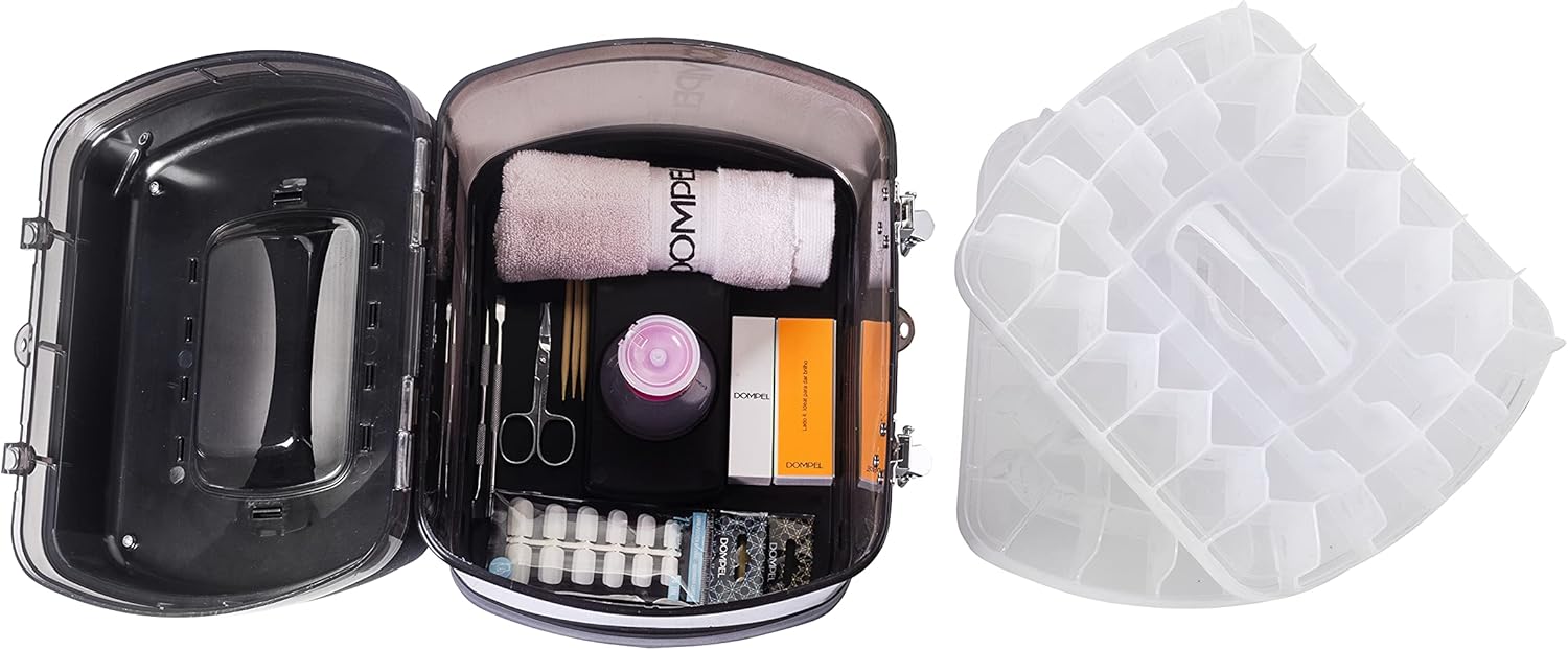Dompel Nail Polish Transport Case, Capacity For 68 Bottles, 150 Ml Acetone, Utensils, Cotton, Scissors And Accessories, Professional Use (Black)