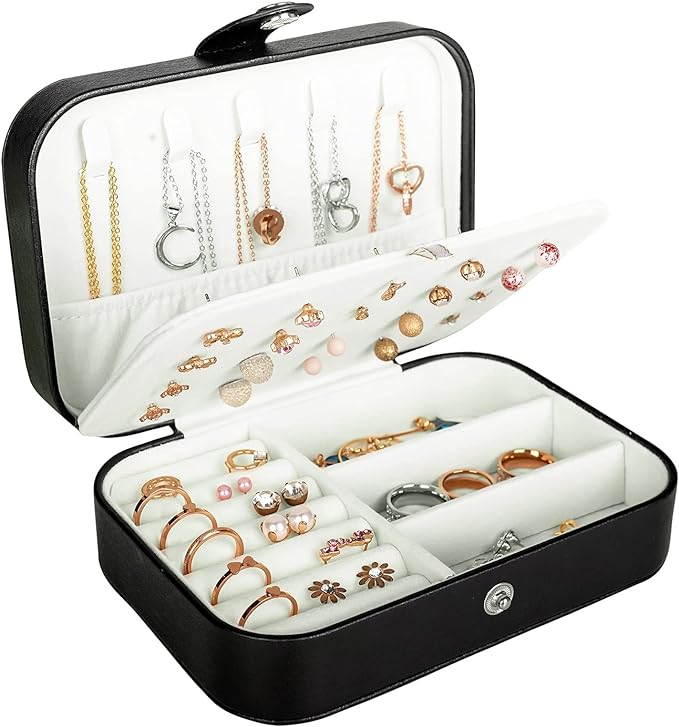 Travel Jewelry Box, PU Leather Small Jewelry Organizer for Women Girls, Portable Mini Travel Case Display Storage Holder Boxes for Stud Earrings, Rings, Necklaces, Bracelets.