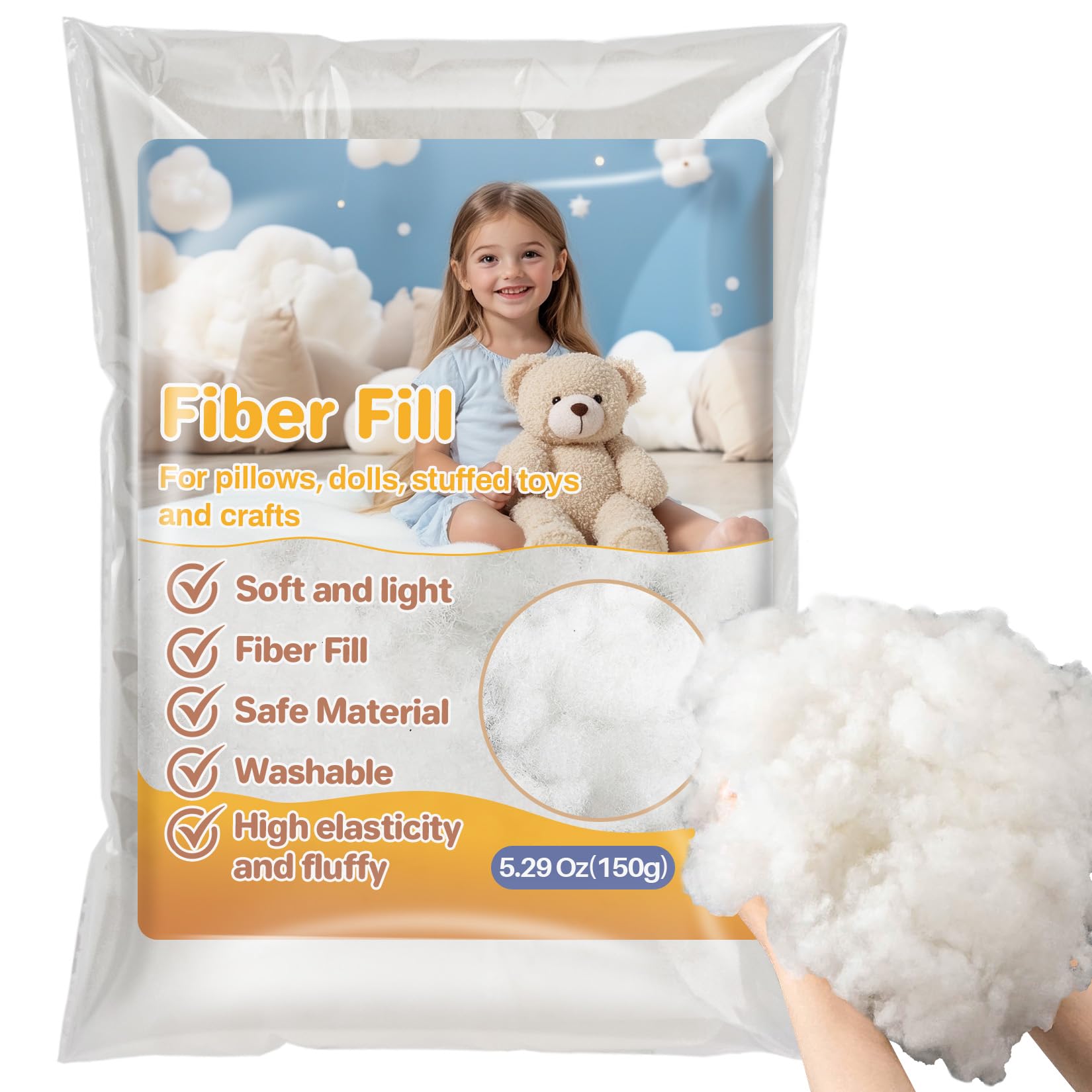 RAINFLOW 5.3oz Polyester Premium Fiber Fill - Polyester Fiber Fill,Soft and Resilience,Stuffing for Pillow,Small Dolls,Cushion,Craft and Stuffed Animals,pp Cotton Stuffing for DIY Craft,Recyclable