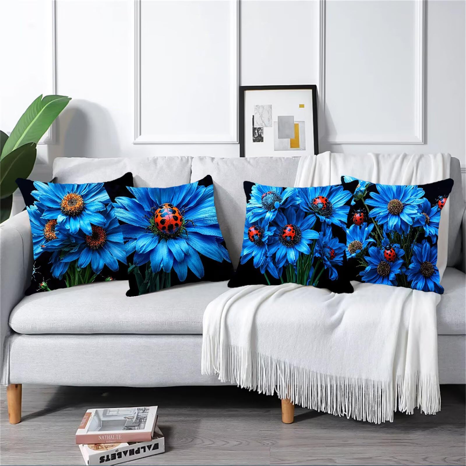 Kissenbezug 65x65 4er Set, Outdoor Kissen Blau Sofakissen, Wasserdicht Kissenbezüge Gänseblümchen Dekokissen mit Unsichtbarem Reißverschluss, Zierkissenbezüge für Schlafzimmer Sofa Stuhl Bett G1-893