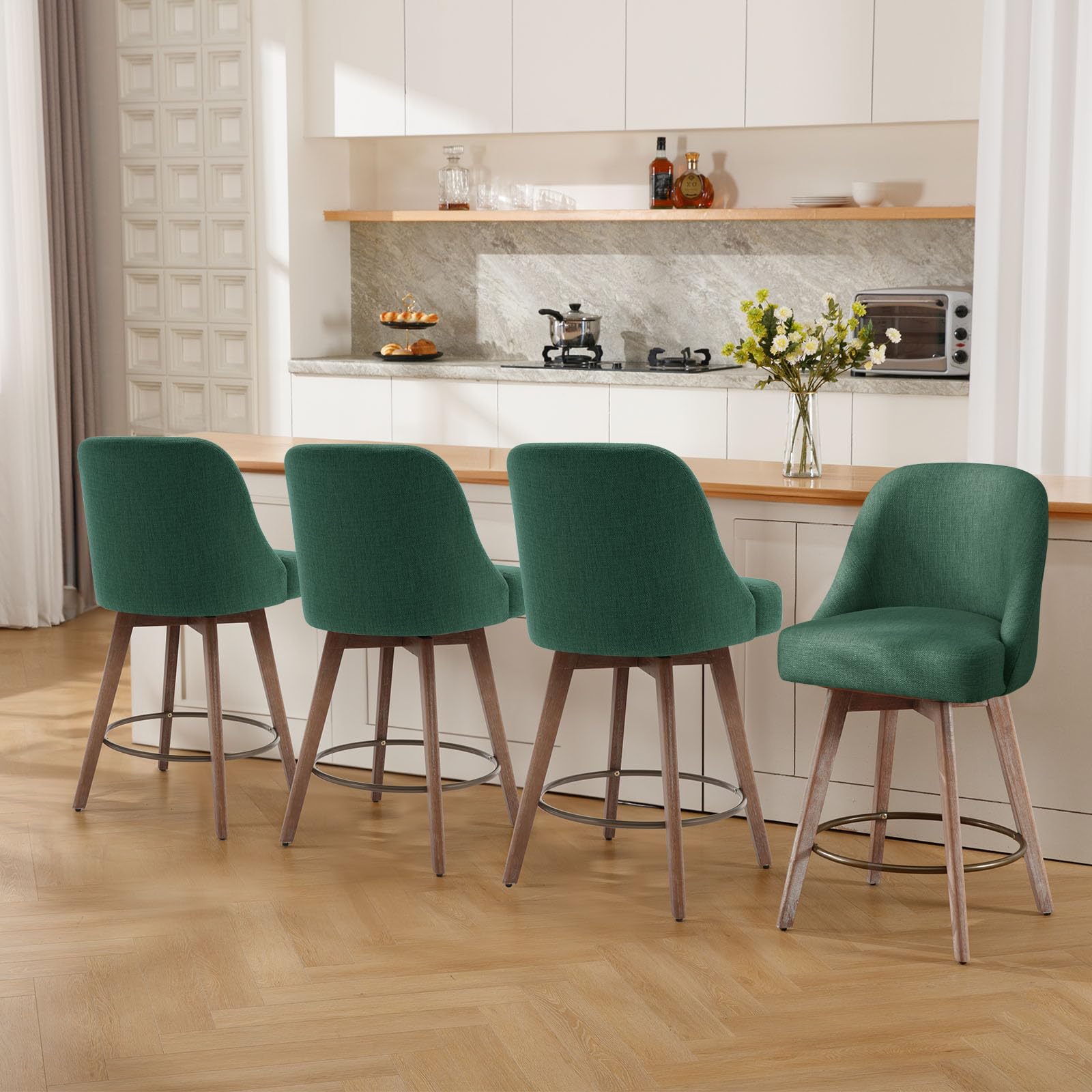 Bekrvio Juego de 4 taburetes de bar giratorios 360°, altura de asiento de 66 cm, taburete de cocina con patas de madera y reposapiés, cómoda silla de bar con asiento acolchado de lino The Forest Stewardship Council