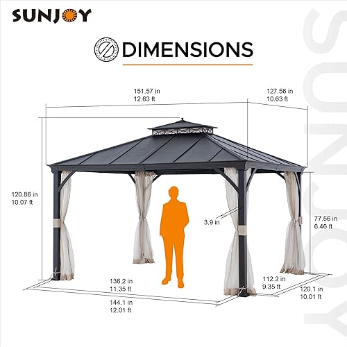 Miniatura 8 de Sunjoy Gazebo negro de 2 niveles para patio al aire libre, 11 x 13 pulgadas, con gancho de techo de metal y red