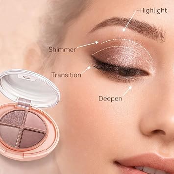 Neutral Smokey Brown Eyeshadow Palette with Matte & Shimmer Finishes - Compact Round Case, Rose Gold Casing, Built-in Mirror, Four Highly Pigmented Blendable Shades for Natural to Dramatic Eye Looks,