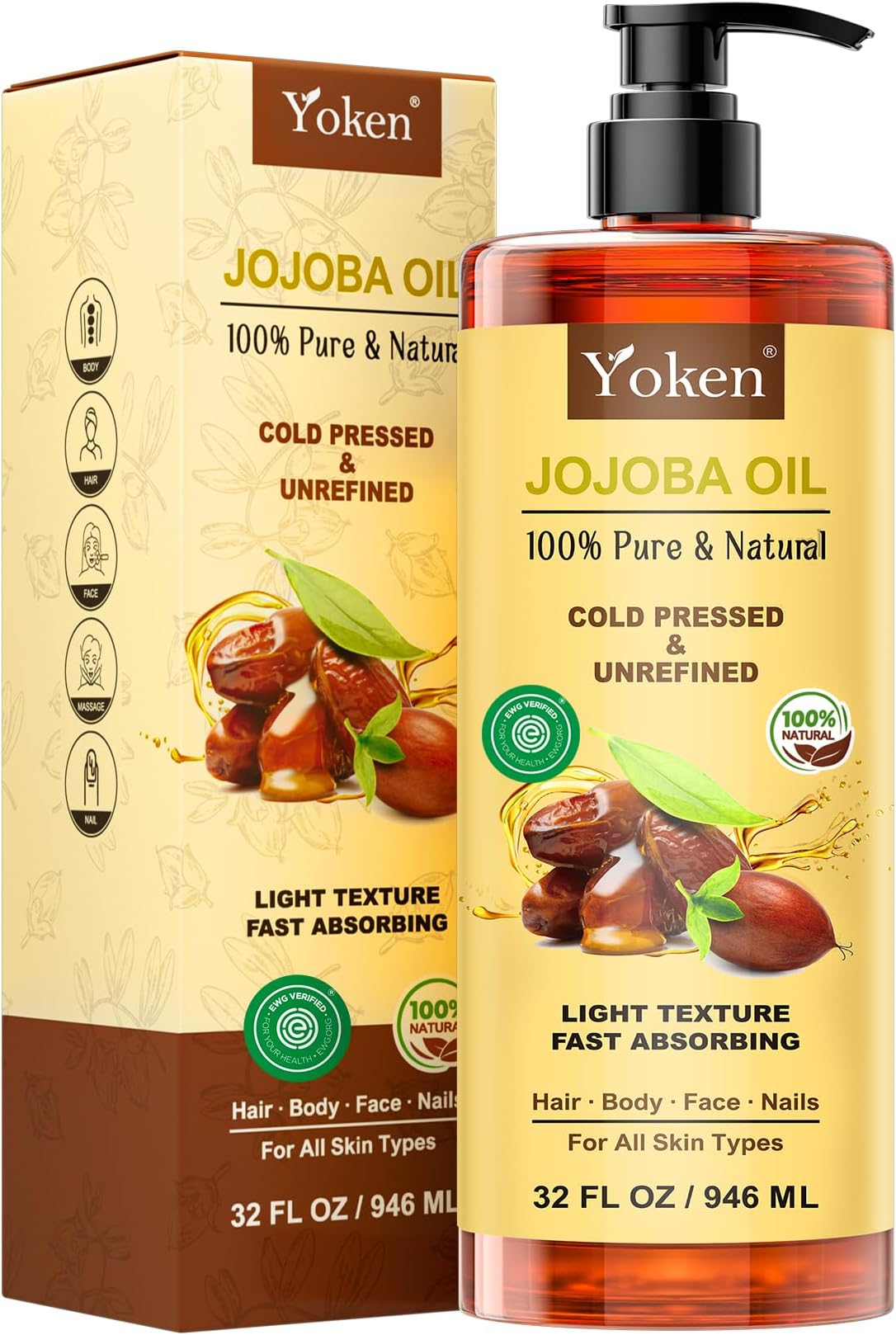 Yoken 32 fl oz (EWG Verified) 100% Pure Jojoba Carrier Oil - Unrefined, Hexane-Free, Cold Pressed for Skin, Face, Hair, Nails, and Massage