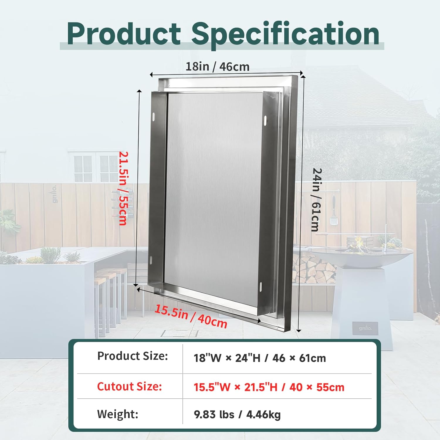 Outdoor Kitchen Doors 18W x 24H Inch Access Door with Hidden Handles Single Stainless Steel Access Cabinet Door, Flush Mount for Grilling Station& Outdoor Kitchens BBQ Island