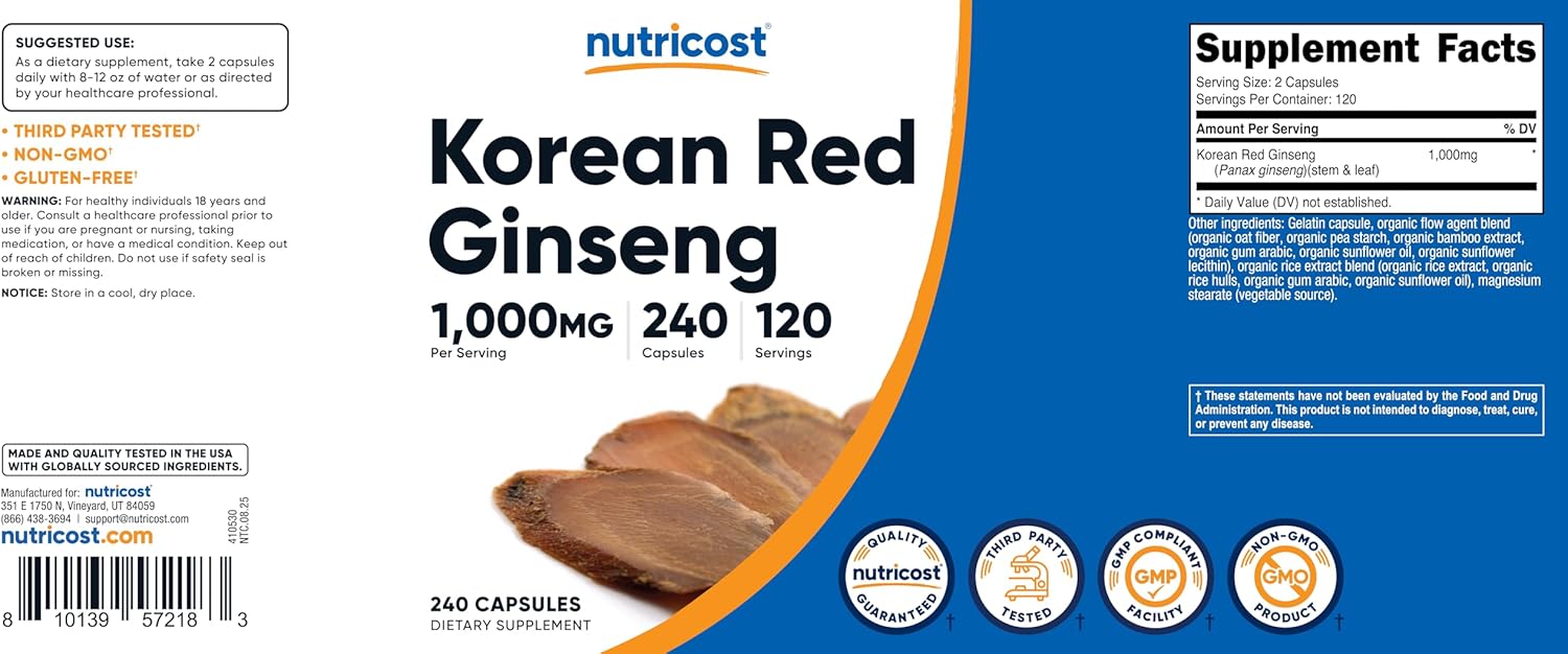Nutricost Korean Ginseng 1000mg Serving, 240 Capsules - 500mg Per Capsule, 120 Servings - Korean Panax Red Ginseng - Gluten Free & Non-GMO - Image 6