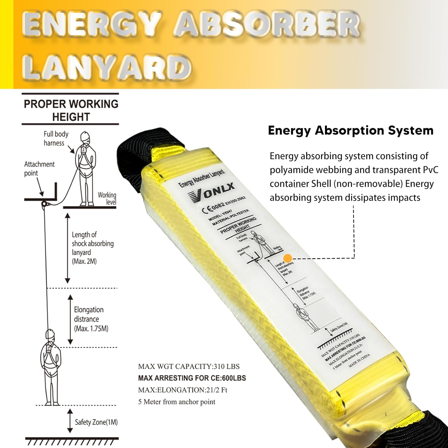 Fall Protection Safety Rope 50FT Heavy Duty Vertical Roofing Ropes with Alloy Steel Grab Snap Hooks Shock Absorber Fall Protection Tree Climbing Line Kit Tree Stand Safety Rope Line Kit