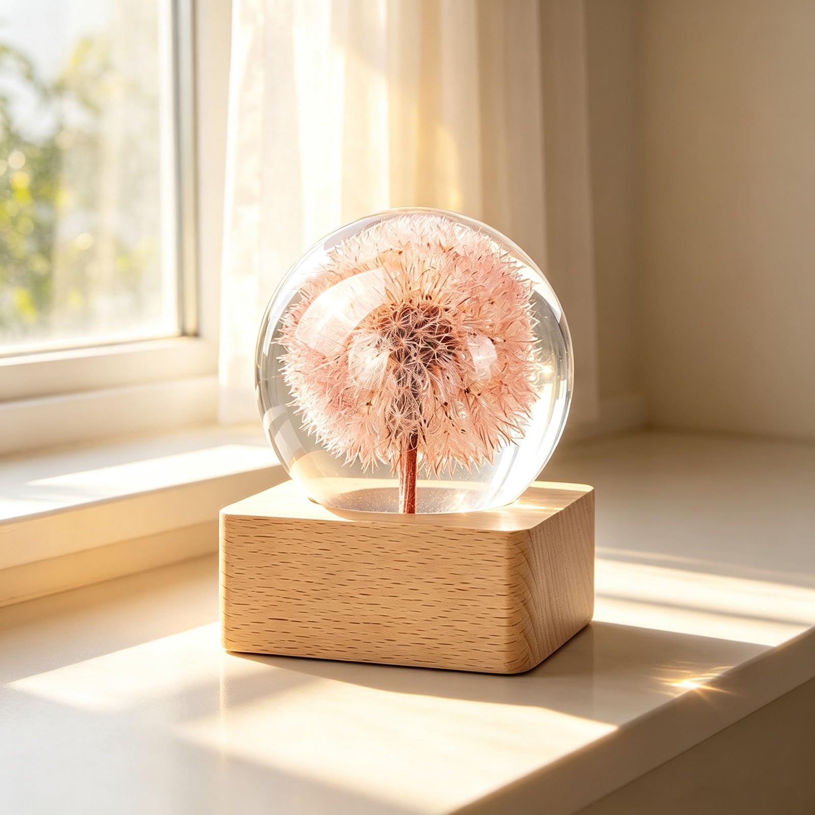 Lampada Resina Epossidica Tarassaco, Sfera Cristallo LED Luce Notturna