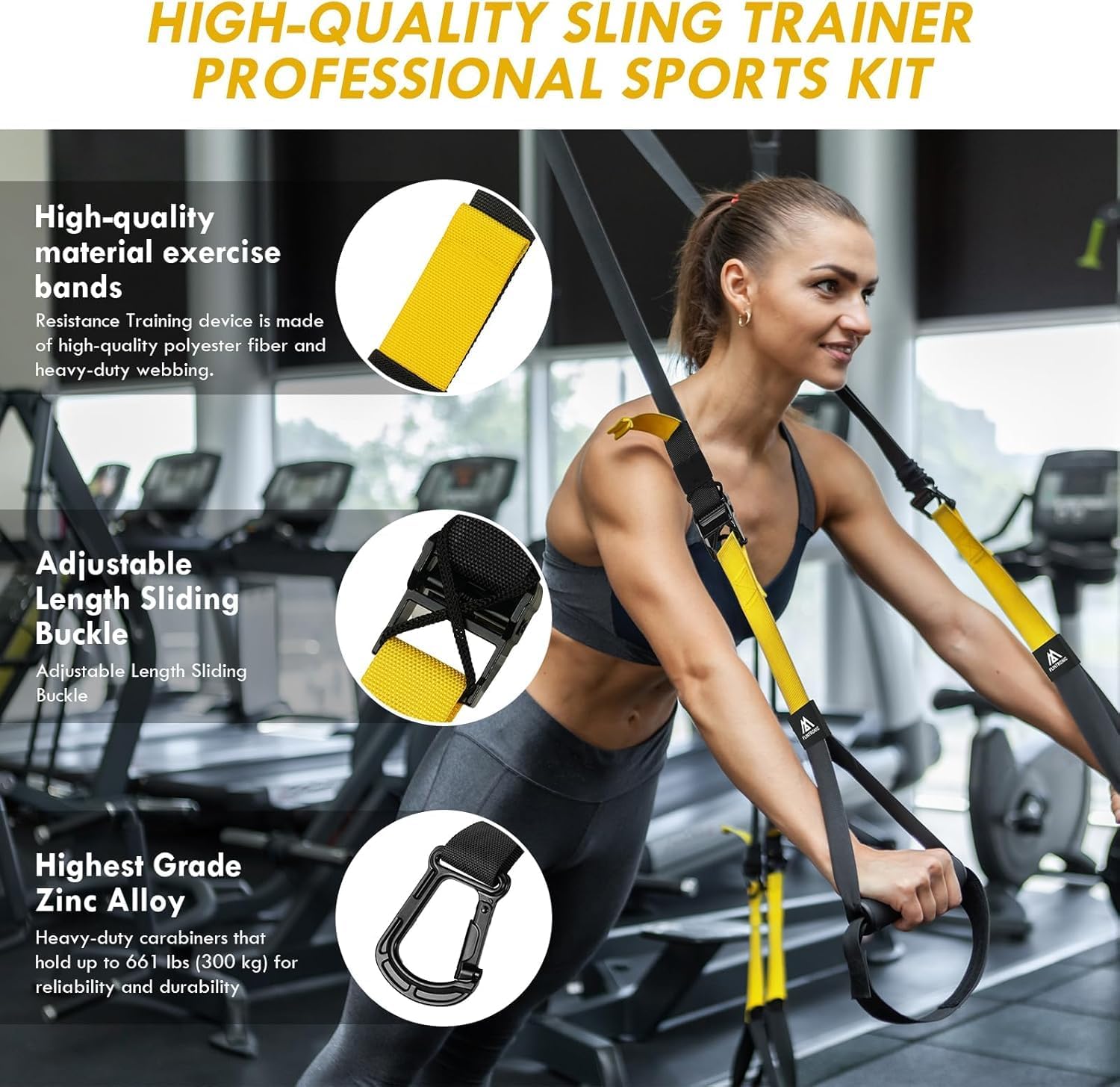 flintronic Kit d'entraînement à Suspension, Sangles de Suspension Multifonction Kit, d'entraînement Tout-en-Un avec Sangles Réglables pour Brûler des Graisses, Construire du Muscle -Jaune
