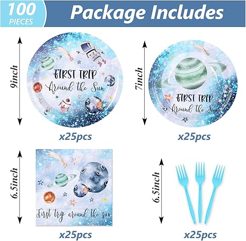 Miniatura 2 de Whaline Juego de vajilla de 100 piezas para el primer viaje alrededor del sol, juego de vajilla temática del espacio exterior, adecuado para