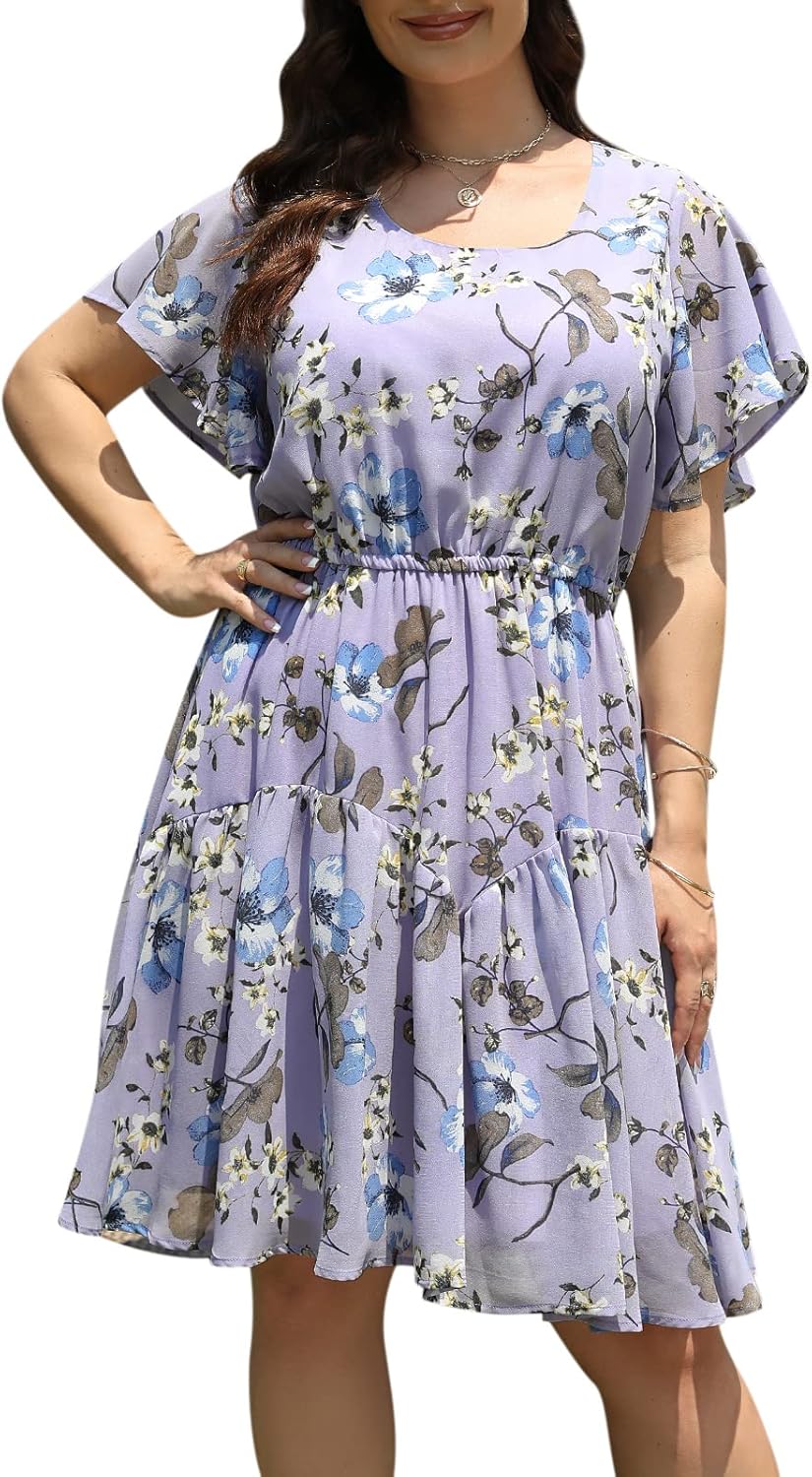 Nemidor Plus Size Summer Dresses for Curvy Women Casual Boho Midi Chiffon Print Floral Dress with Ruffle Sleeve 14-26