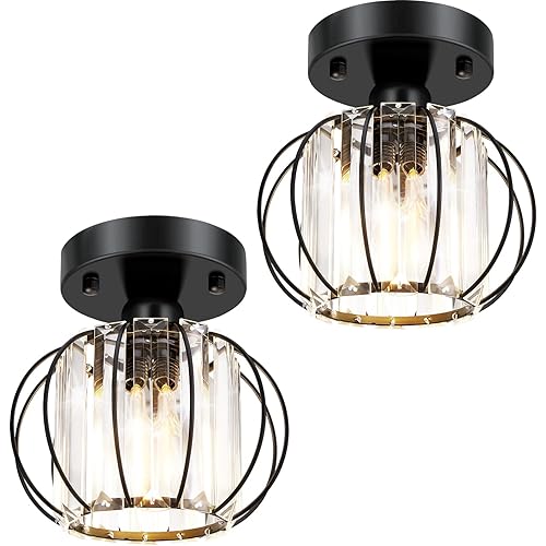 Feanron Industrial Semi Flush Mount Hallway Ceiling Light, Small Clear Crystal Ceiling Lighting Fixtures with Black Cage, Farmhouse Indoor Modern Mini Close to Ceiling Lamp for Kitchen Porch, 2 Pack