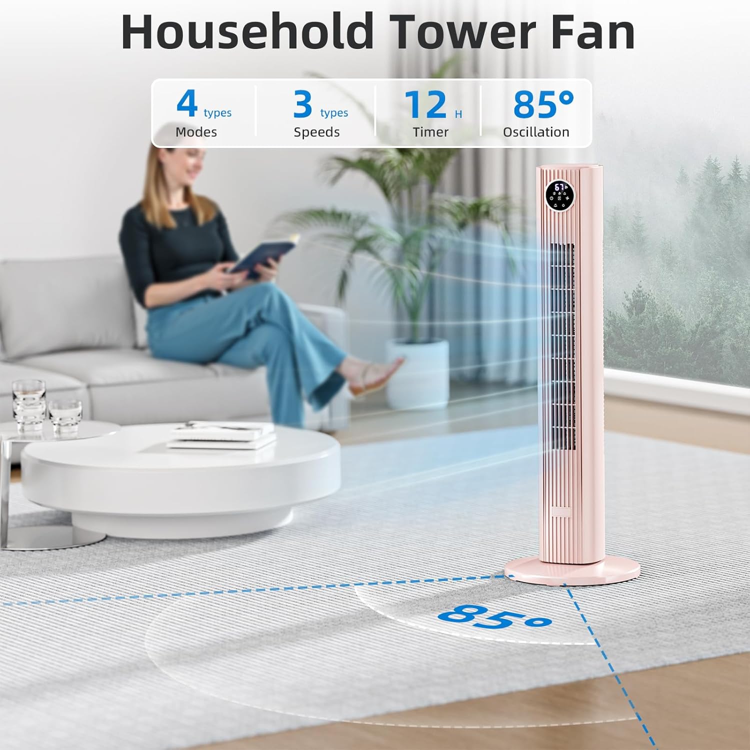 Antarctic Star Tower Fan Portable Floor Fans 85°Oscillating Fan Quiet Cooling 12H Timer Remote Control Standing Bladeless Electric 3 Wind Speeds 4 Modes Bedroom Office,36 inch, Pink