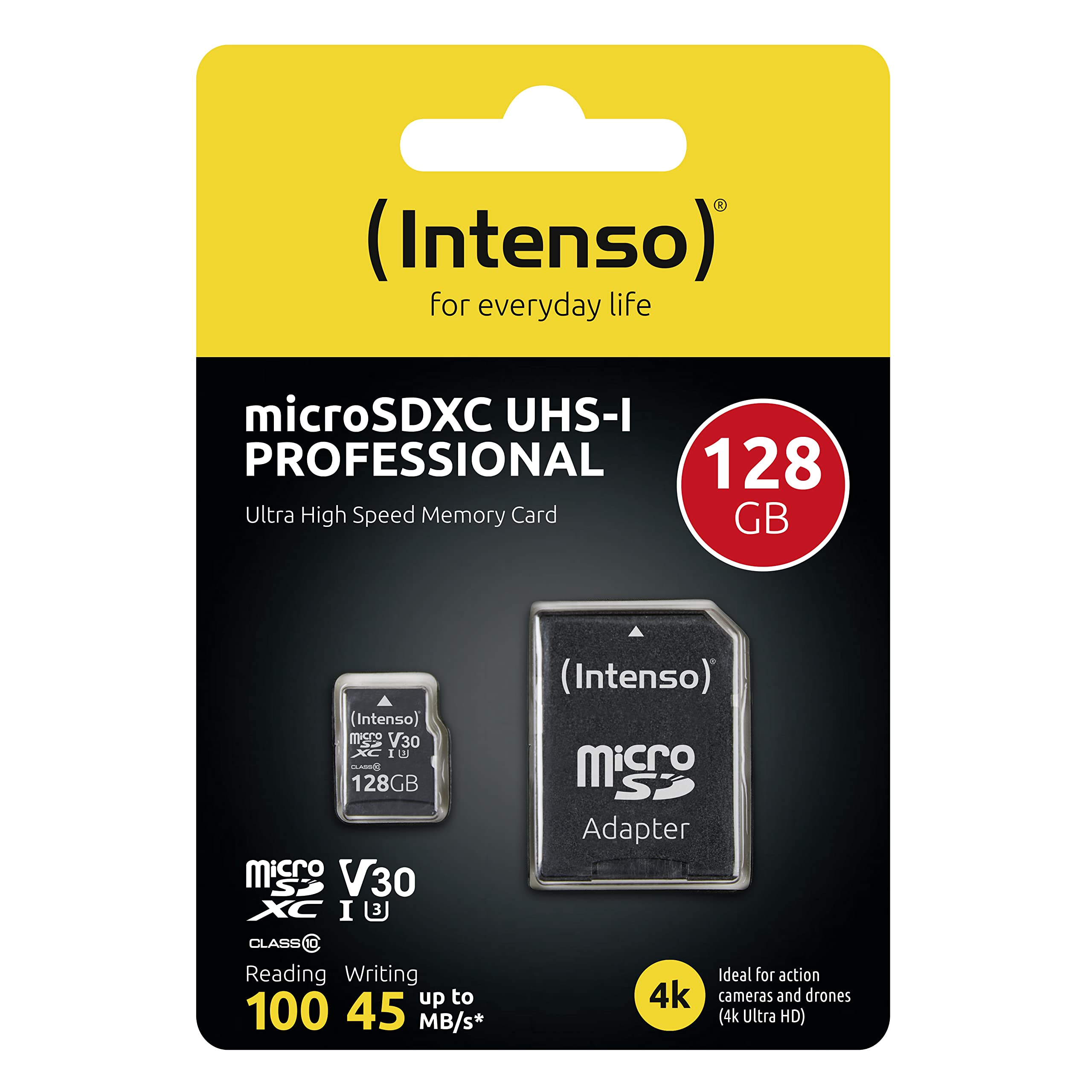 Intenso Professional microSDXC 128GB Class 10 UHS-I, U3, V30 Speicherkarte inkl. SD-Adapter (bis zu 100 MB/s), schwarz